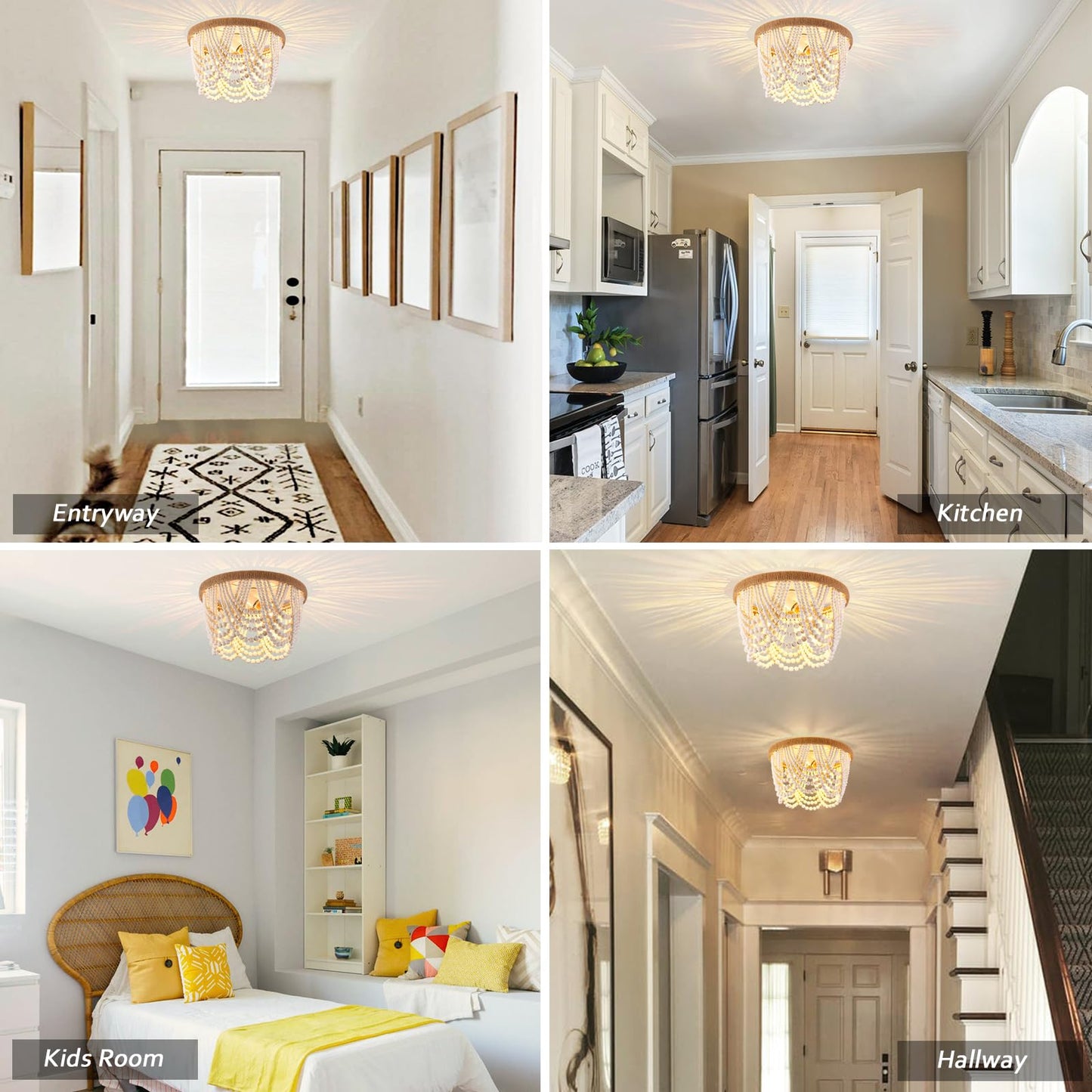 Capslpad Wood Beaded 3-Light Flush Mount Ceiling Light, Rustic Antique Mini Chandelier, White Boho Fixture for Bedroom & Hallway