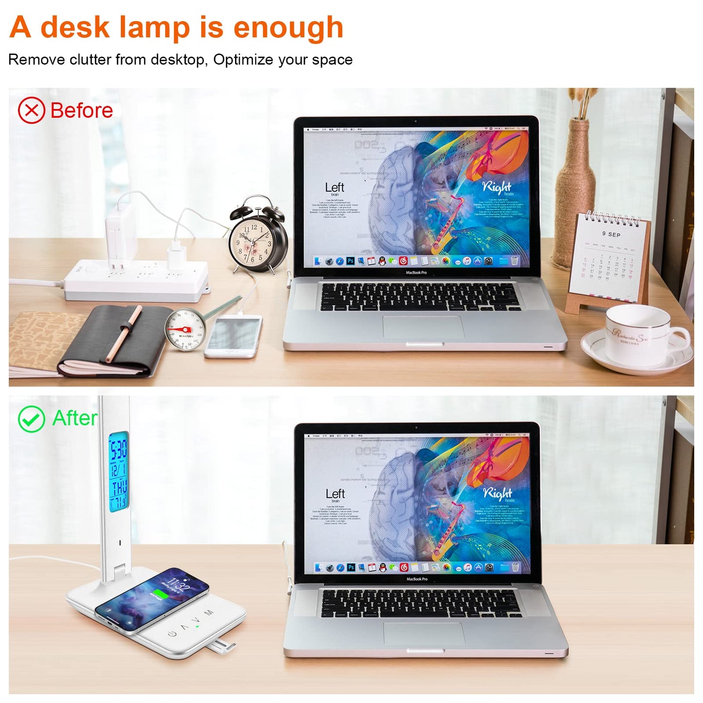 snsok Desk Lamp with Wireless Charger & USB Port, Dimmable LED Light with Clock, Alarm, Date, Temperature – Foldable for Bedside & Office