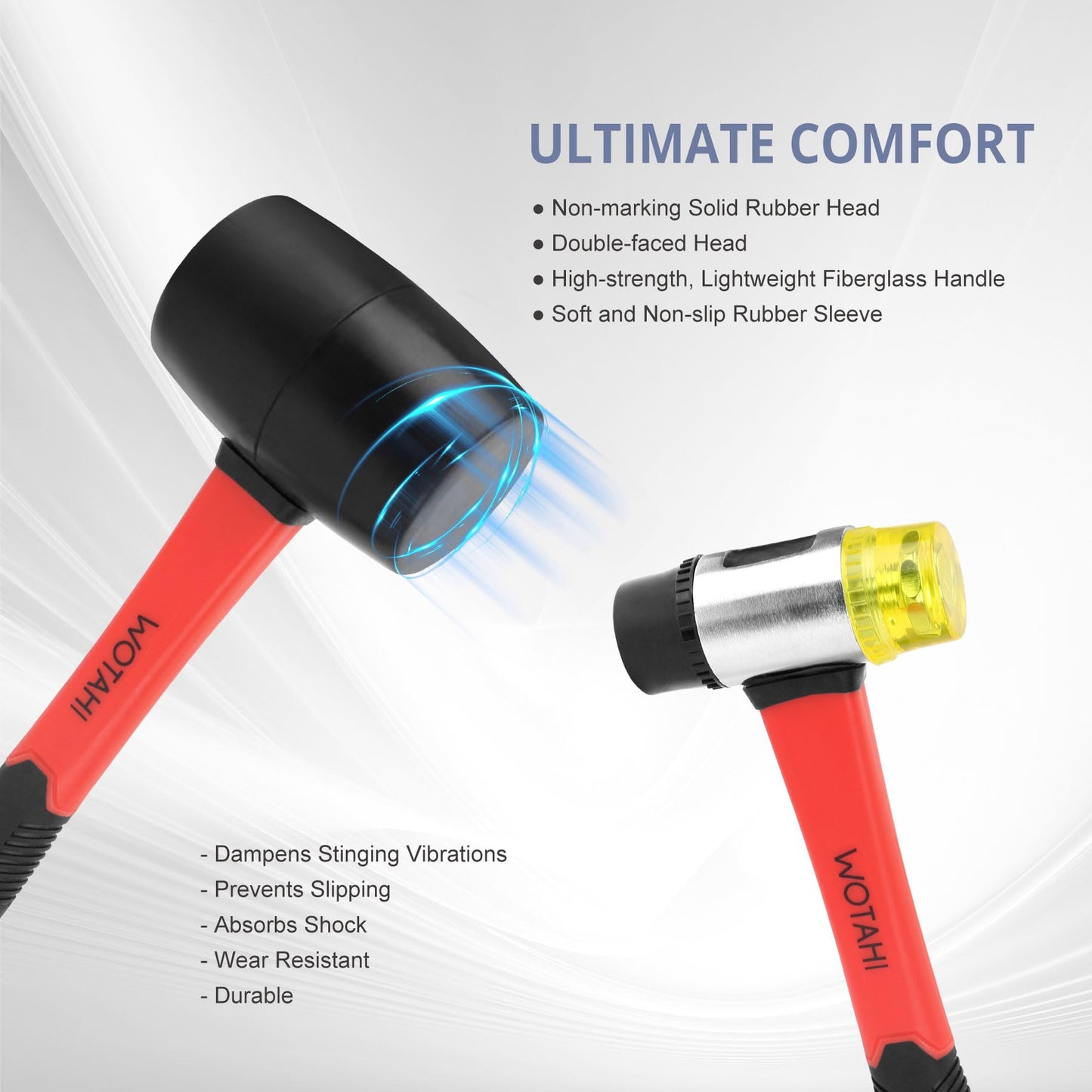 WOTAHI 2-Piece Hammer Set – 16oz Rubber Mallet & 35mm Double-Faced Soft Hammer, Solid Head, Soft Grip Fiberglass Handle