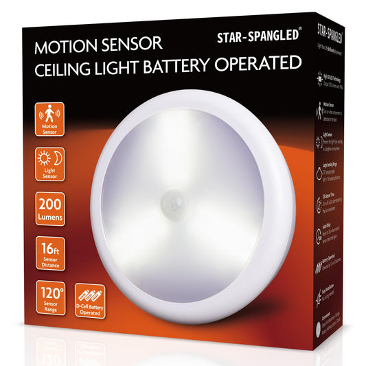 STAR-SPANGLED 6.3" Motion Sensor Ceiling Light, Battery Operated (AA or D), Indoor Hallway Stairs Garage, Natural White, Adapters Included