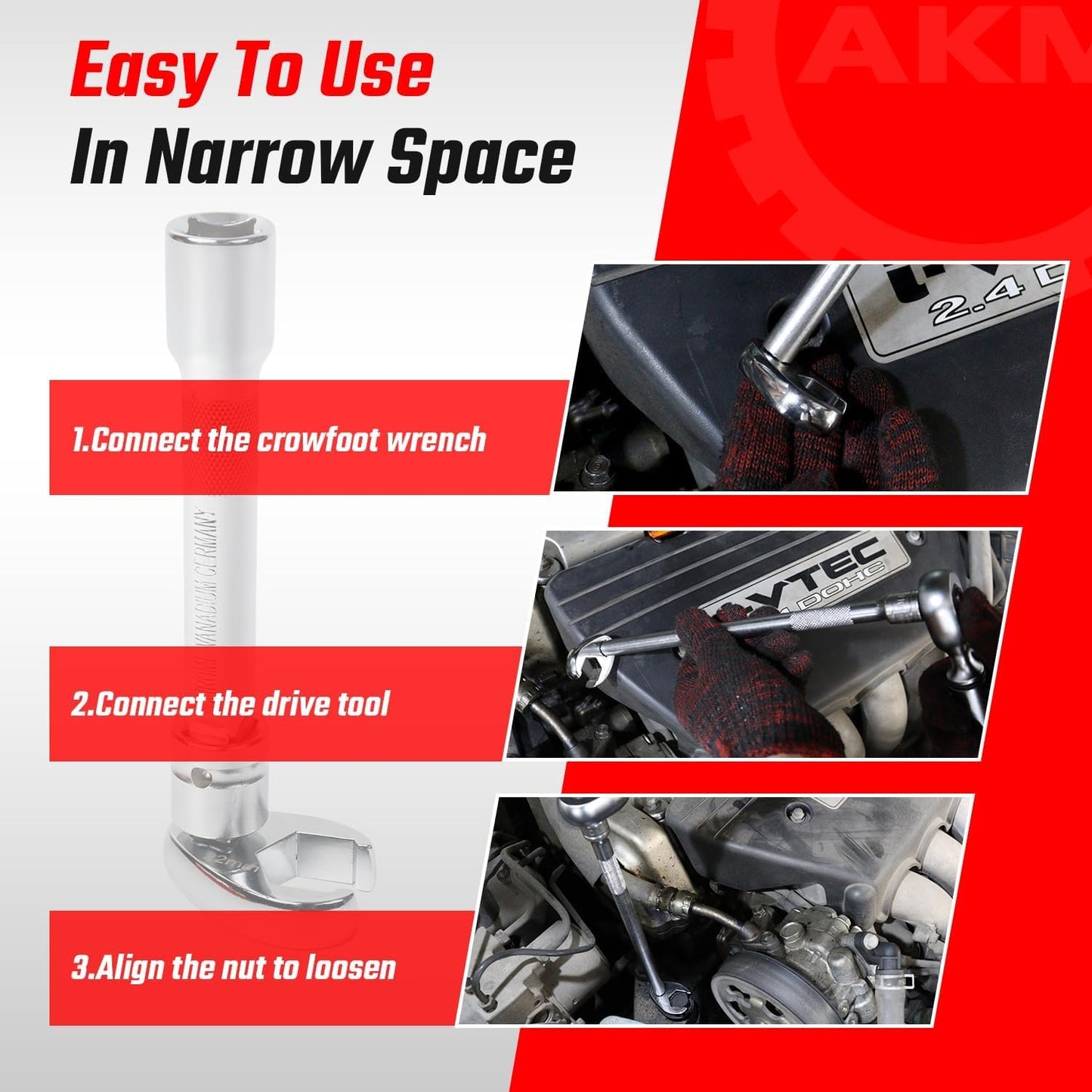 AKM 18-Piece 3/8" Drive Crowfoot Wrench Set, Cr-V Flare Nut Wrenches 6-Point SAE 3/8"-7/8" & Metric 10-22mm with Organizer Box