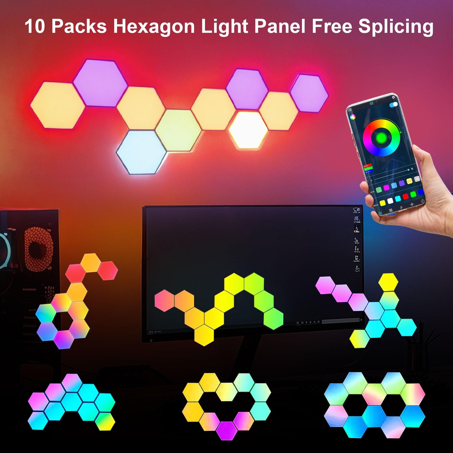 SLARY 10PCS RGB Hexagon LED Wall Light Panels, Smart Modular Honeycomb Gaming Lights with App Control, Music Sync, DIY Indoor Decor