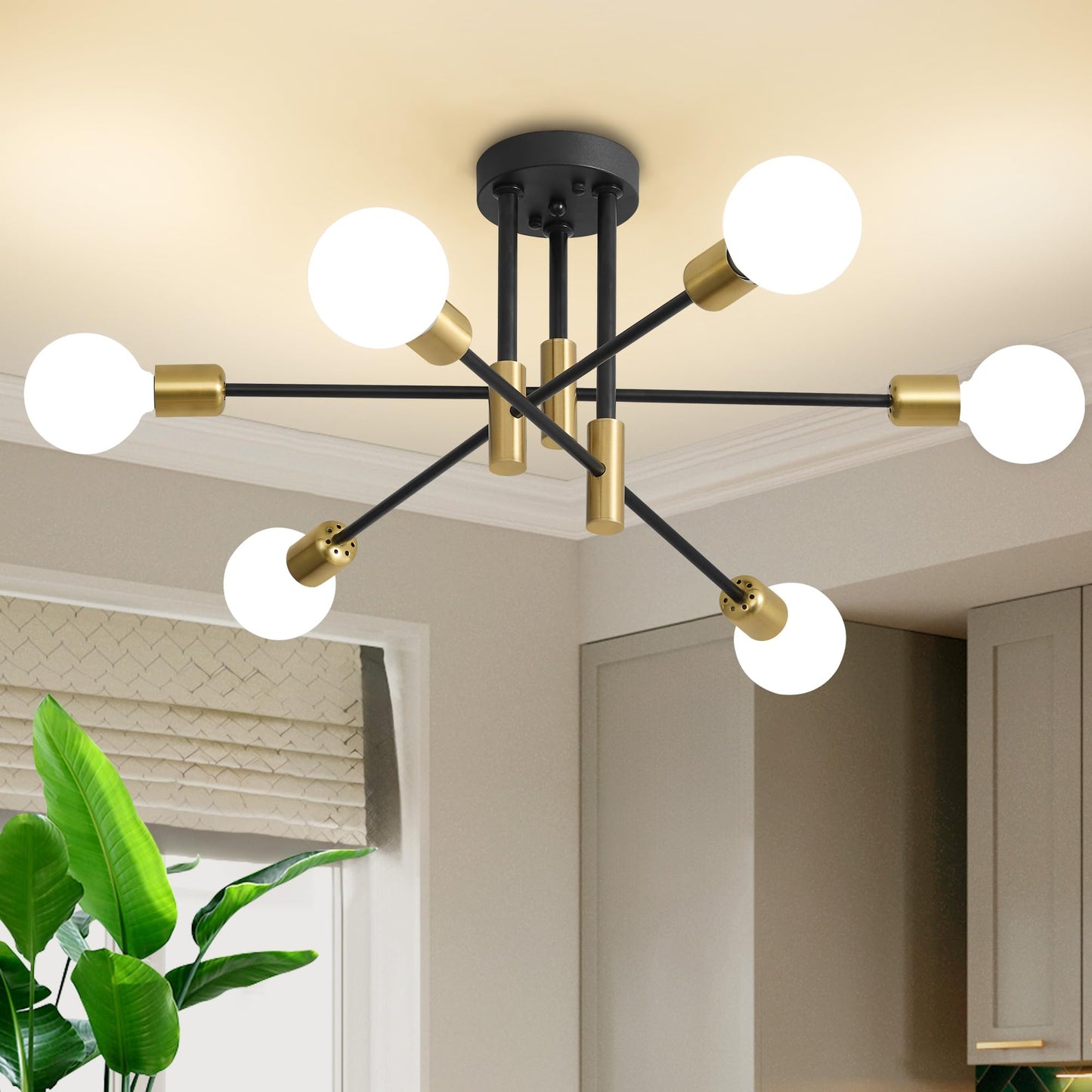 Biewalk 6-Light Sputnik Chandelier, 31" Gold & Black Modern Ceiling Light for Dining Room, Living Room, Kitchen Island