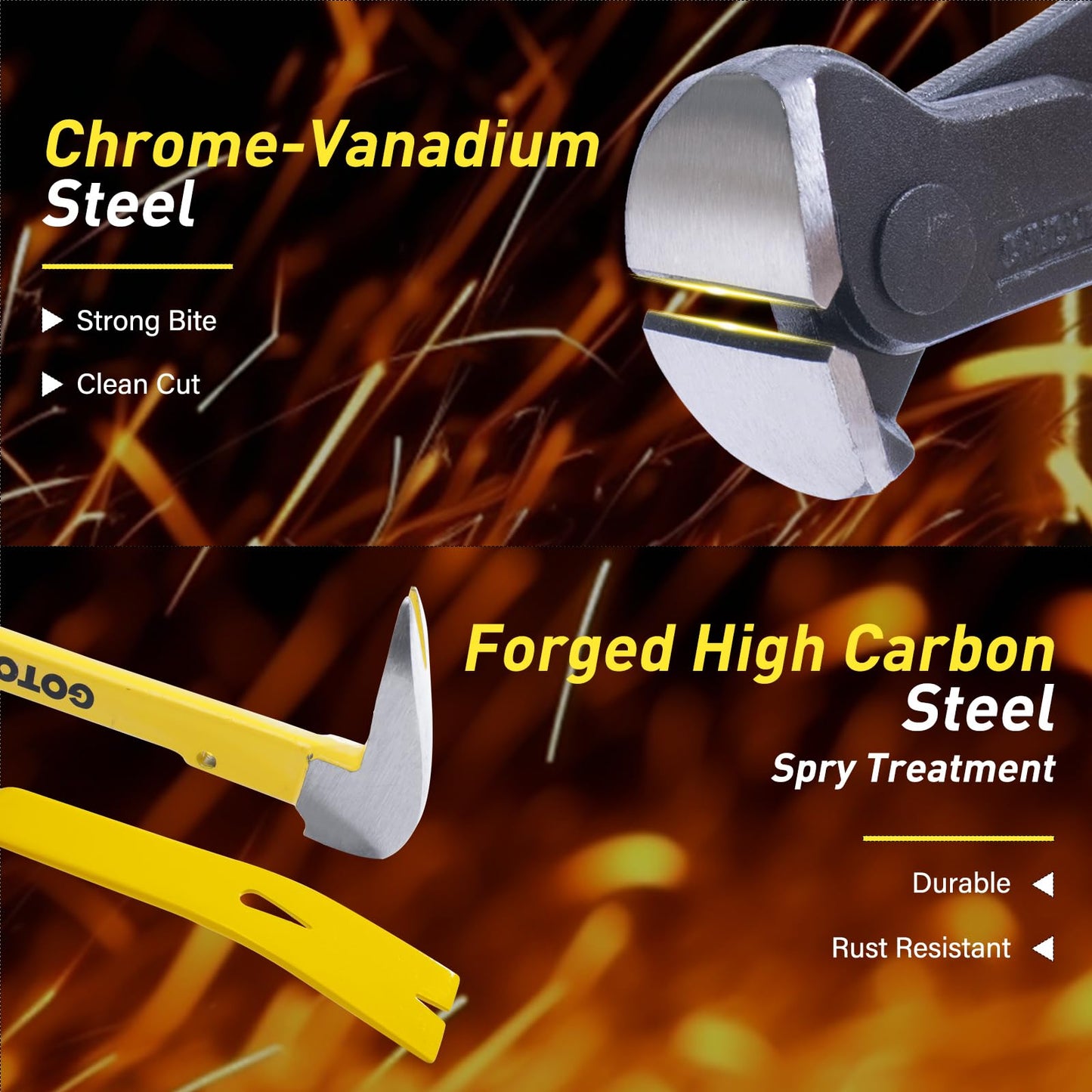 4-Piece Pry Bar & Nail Removal Tool Set – 12” Claw Pry Bar, 10” & 7.5” Flat Crowbars, 8” End Cutting Pliers for Baseboard & Floor Nails