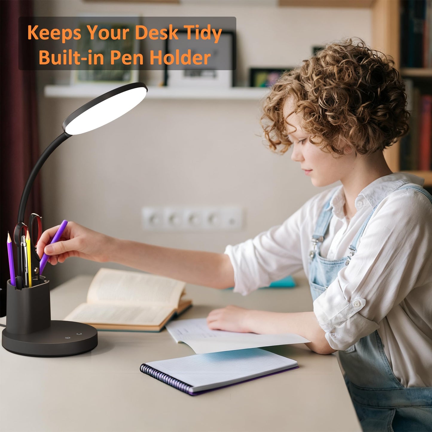 Vicsoon LED Desk Lamp for Home Office, Touch Control, 3 Color Modes, Dimmable 360° Adjustable Arm, Pen & Phone Holder, Black