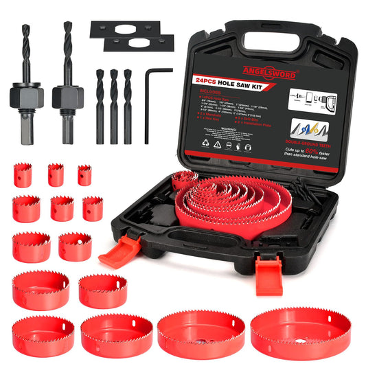 ANGELSWORD 24-Piece Hole Saw Set, 14 Blades 3/4"-6" (19-152mm), Double-Ground Teeth, Drill Bit Kit for Wood, Drywall, PVC & Plastic