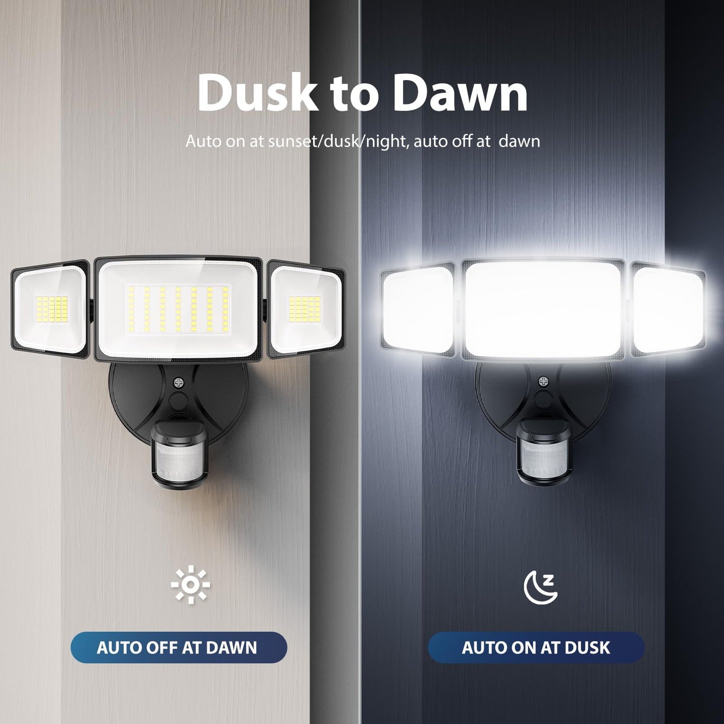 Onforu 75W LED Motion Sensor Flood Light, 7000lm, 3-Head Outdoor Security Light, IP65 Waterproof, Dusk-to-Dawn, 6500K for Yard & Garage