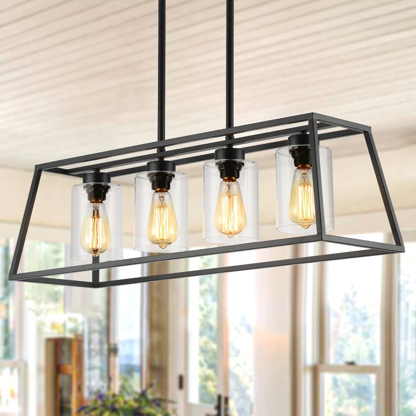 Black Farmhouse Linear Chandelier for Dining Room, Rustic Kitchen Island Pendant Light, 4-Light Fixture with Glass Shades Over Table