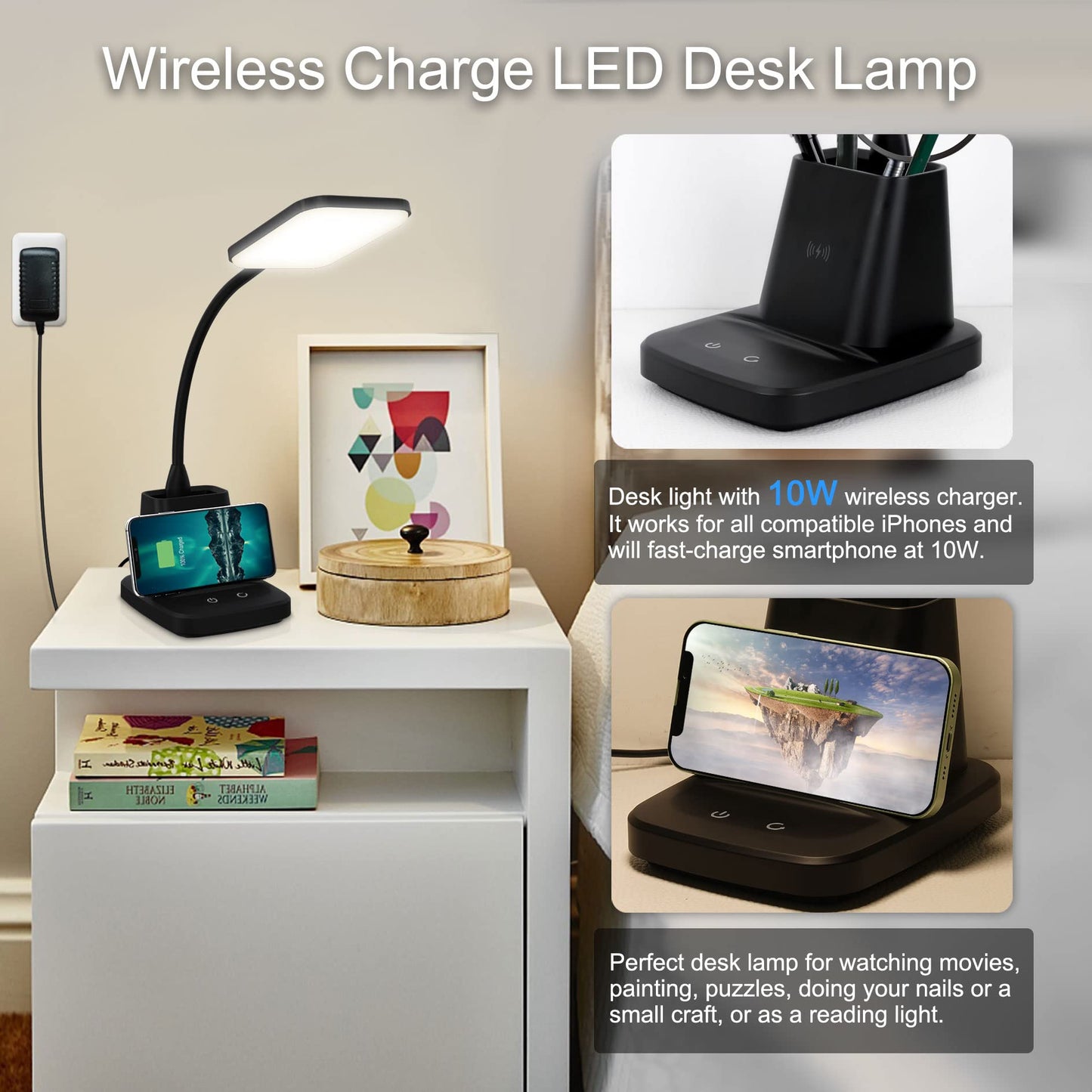 Sailstar LED Desk Lamp with Wireless Charger & Pen Holder, 3 Colors, Dimmable 800LM, CRI 85, Study Lamp for Home, Office, Dorm, Black