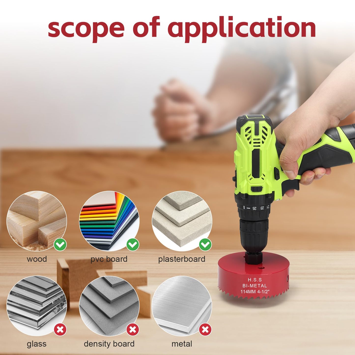 Hole Saw 4 1/2 Inch, 30 mm Cutting Depth HSS Bi-Metal Hole Saw for Cutting Wood, Plastic, Drywall, Plasterboard and Soft Metal Sheet, Red