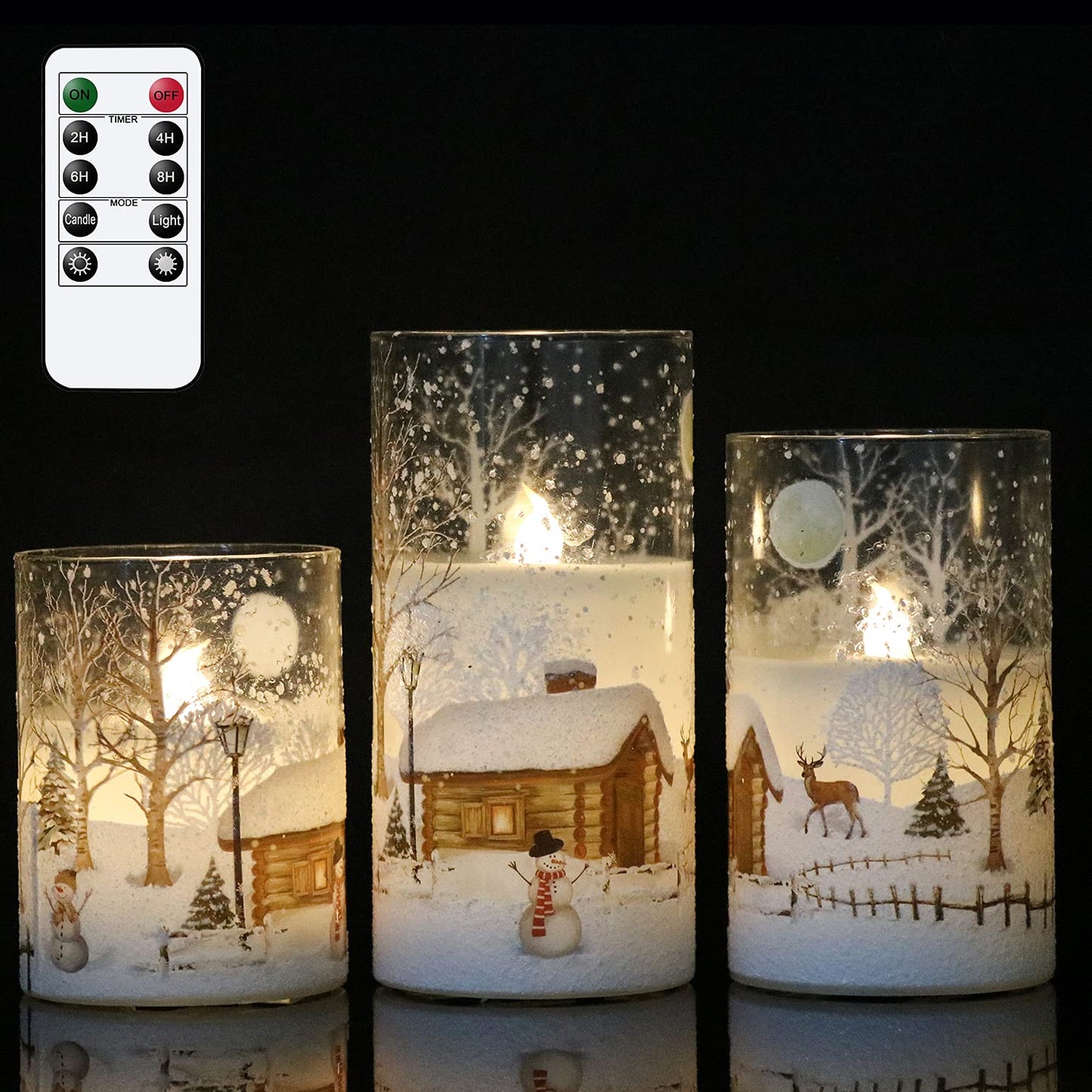 DRomance Snowman Glass Flameless Candles Set of 3 – Real Wax LED Flickering Pillar, Battery Operated with Remote & Timer, White Cold Light, 4/5/6 in