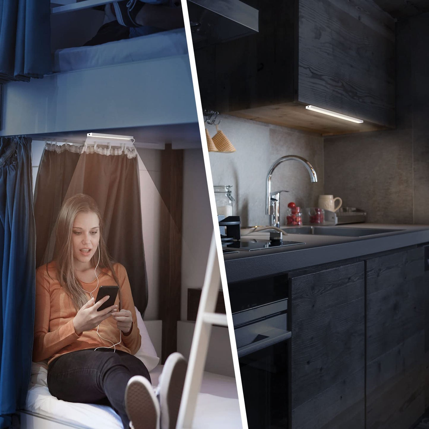 DWEPTU USB Powered Under Cabinet Lighting, 12" Tool-Free Mount Dimmable LED Strip for Pantry & Workspace