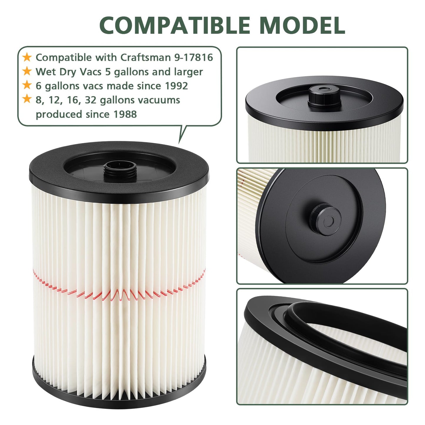 9-17816 Red Stripe Vacuum Cartridge Filter Replacement Compatible with Craftsman Wet/Dry 5/6/8/12/16/32 Gallon and Larger(2 Pack)