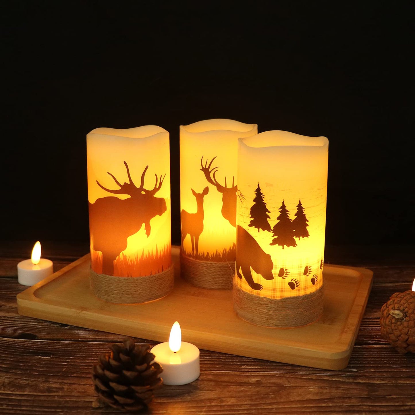 GenSwin Set of 3 Flameless LED Rustic Pillar Candles with Deer, Moose & Bear Decals, 6H Timer, Hemp Rope, Battery Operated, Warm Light