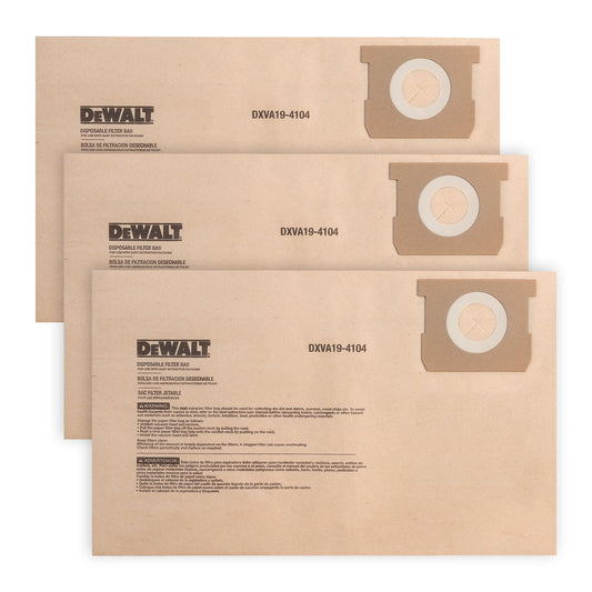 DEWALT DXVA19-4104 Dust Filter Bags 3-Pack, High-Efficiency Replacement for 5-8 Gallon Wet/Dry Vac, Vacuum Dust Collection Bags