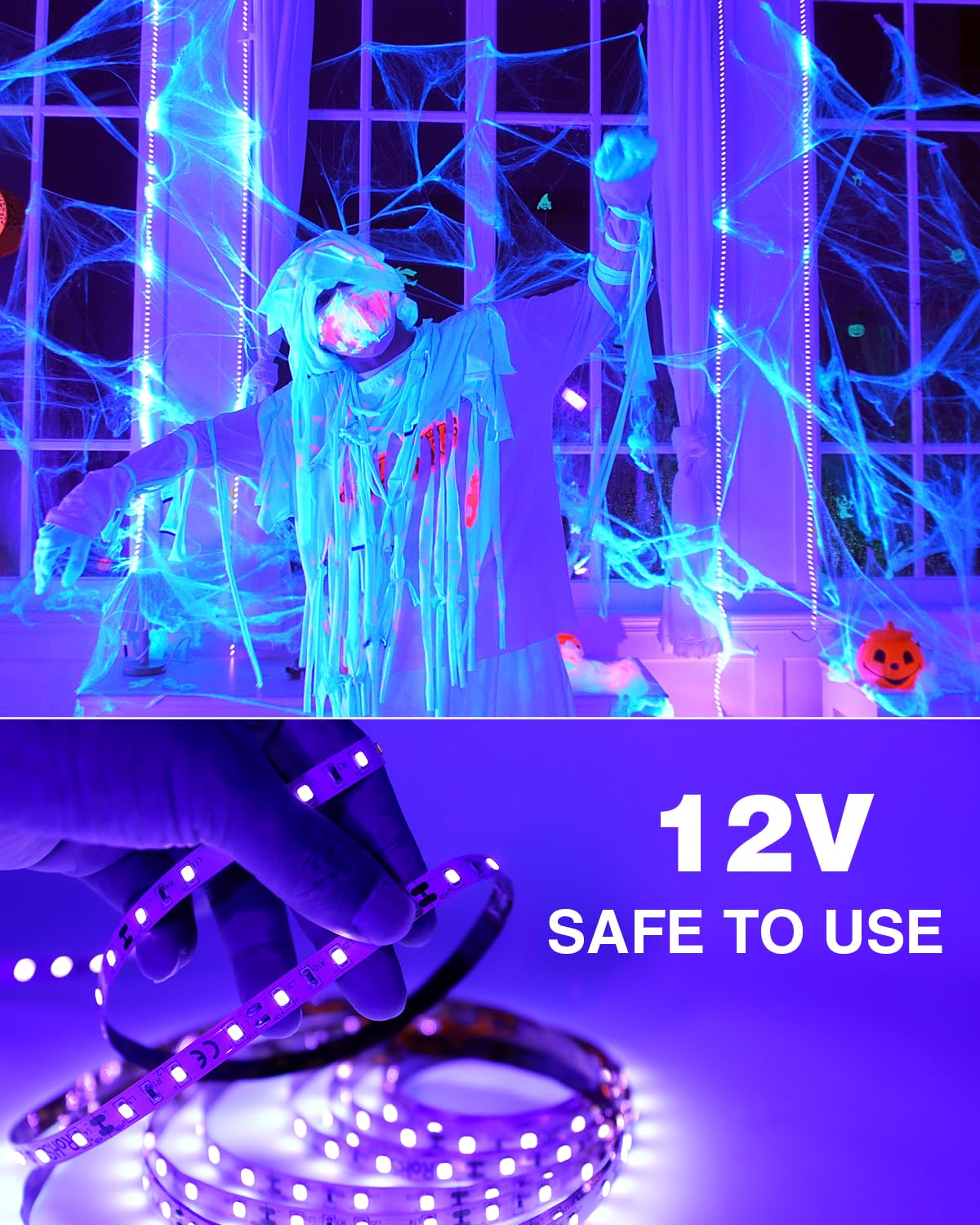 Onforu 32.8ft LED Black Light Strip, 600 Beads, 12V Flexible Ribbon, Non-Waterproof UV Glow Lights for Party, Indoor, Halloween, Body Paint