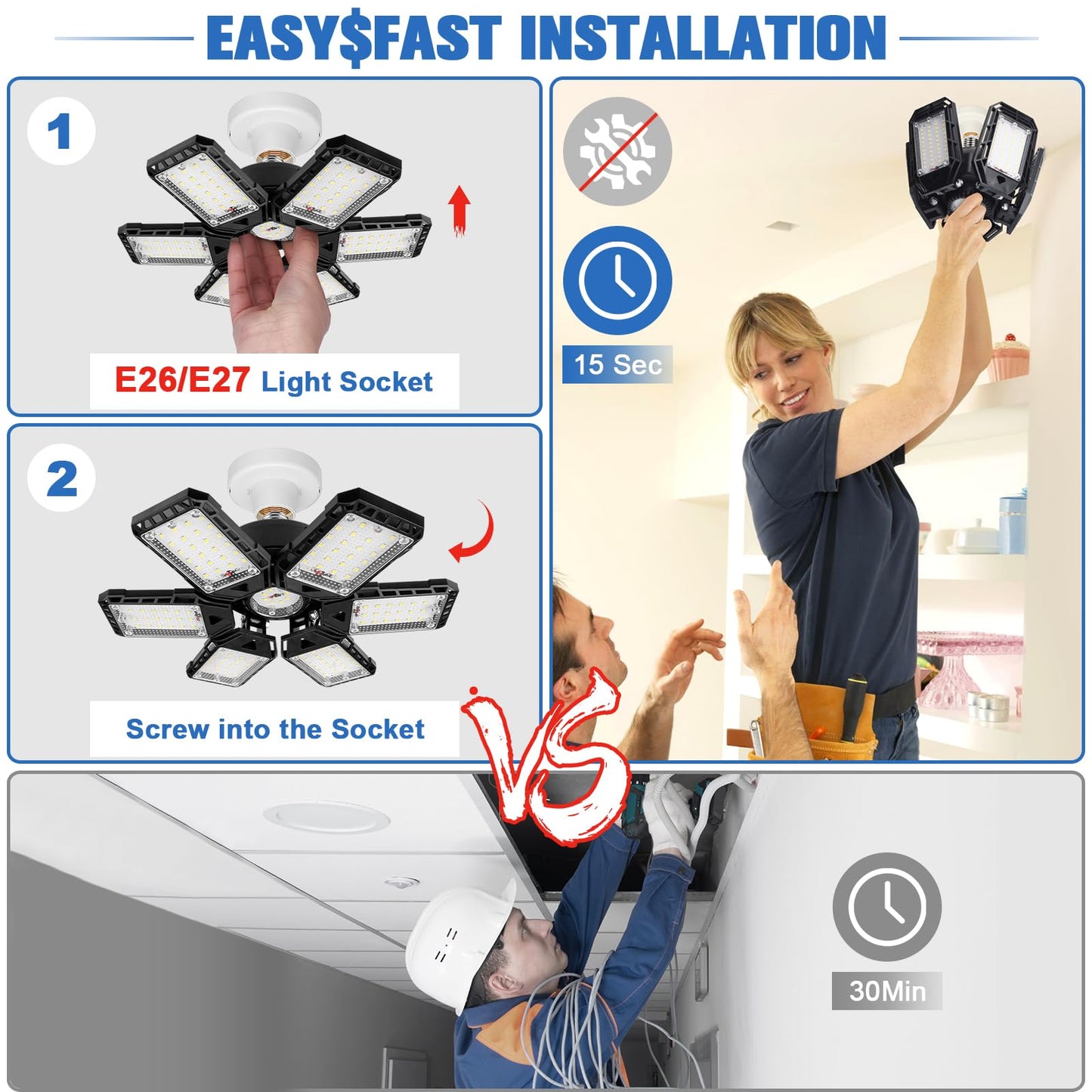 LED Garage Lights Bulb 2 Pack 180W 18000LM 6500K Led Shop Light with 6 Plus 1 Deformable Panels Basement Barn Ceiling Lights for E26/E27