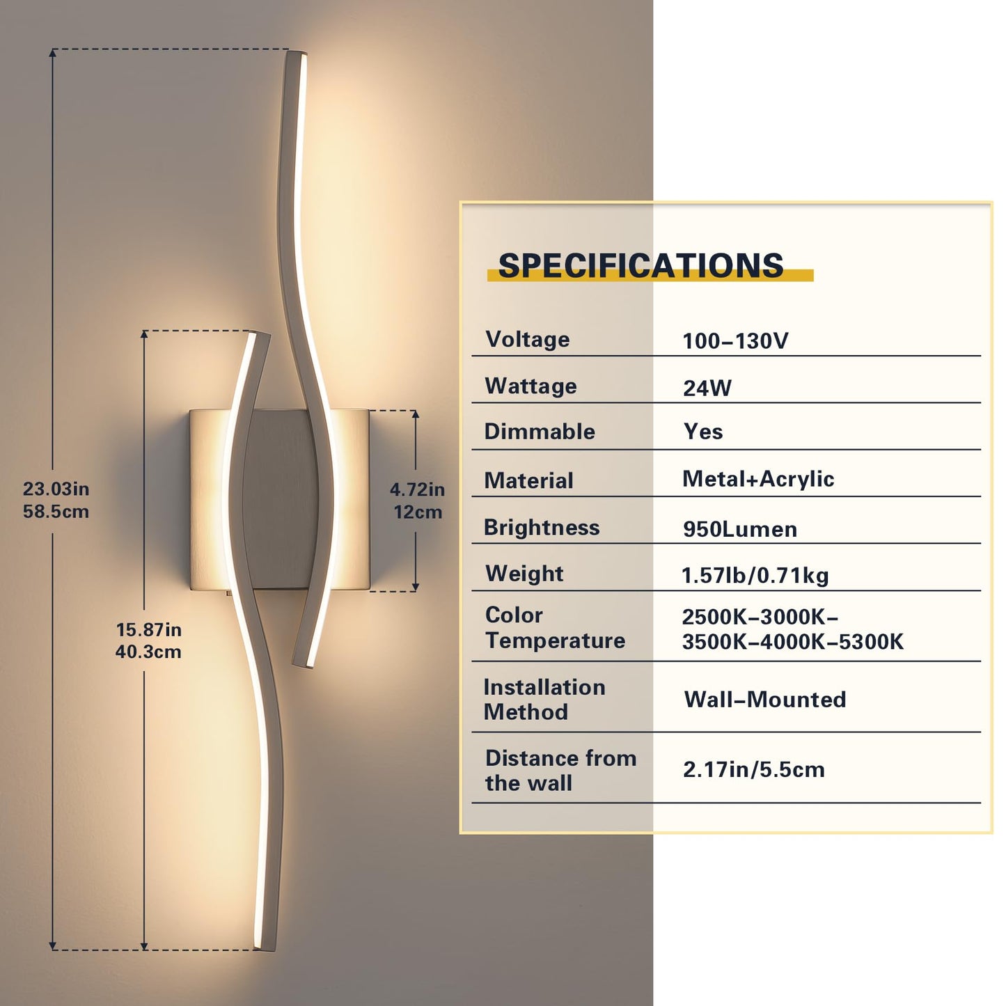 Joossnwell 23" Brushed Nickel LED Bathroom Vanity Light, 5CCT Dimmable Modern Wall Fixture Over Mirror