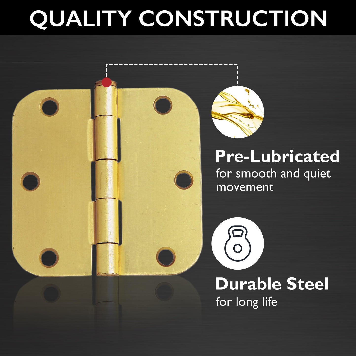 Design House Interior Door Hinges, 3.5 in. x 3.5 in., Rounded, 5/8-in. Radius, Steel, Pre-Lubricated, Door Hardware, Satin Brass, 3-Pack, 181396