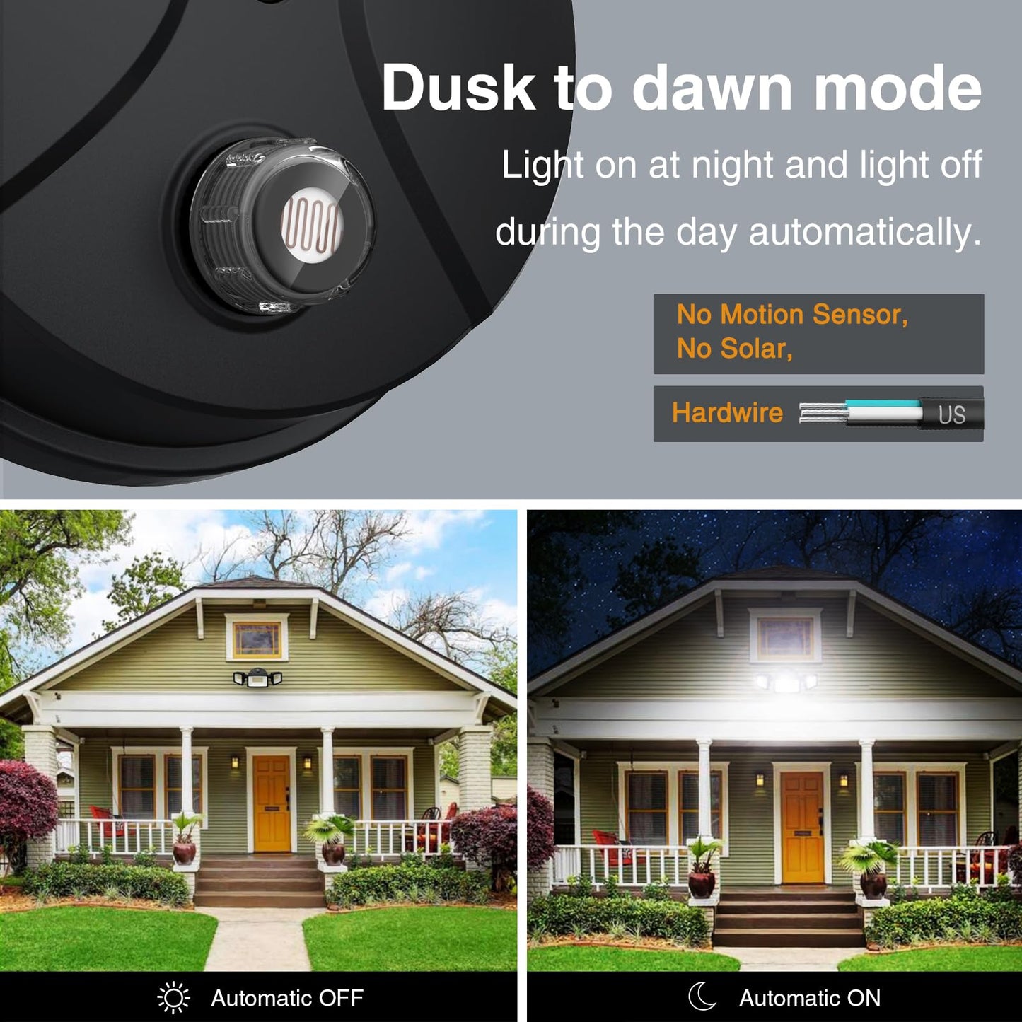 Onforu 70W LED Dusk-to-Dawn Flood Light, 7000LM, 3 Adjustable Heads, IP65 Waterproof, 6500K Outdoor Security Light for Yard & Garage