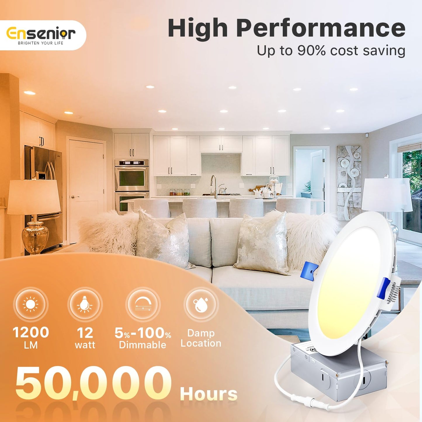 Ensenior 12 Pack 6 Inch LED Recessed Ceiling Light, Dimmable, 2700K-5000K 5CCT, 1200LM 12W 120V, High Brightness Canless Wafer Downlight - ETL&FCC&IC