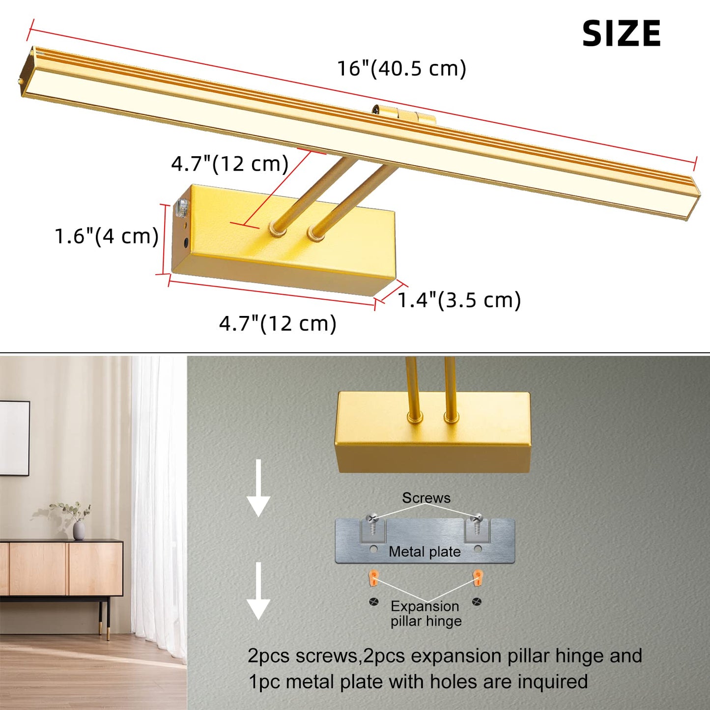 FUNCHDAY Picture Light, 5000mAh Battery Operated Art Light with Remote, Timer & Dimmable, 16” Metal Wall Painting Light, Gold