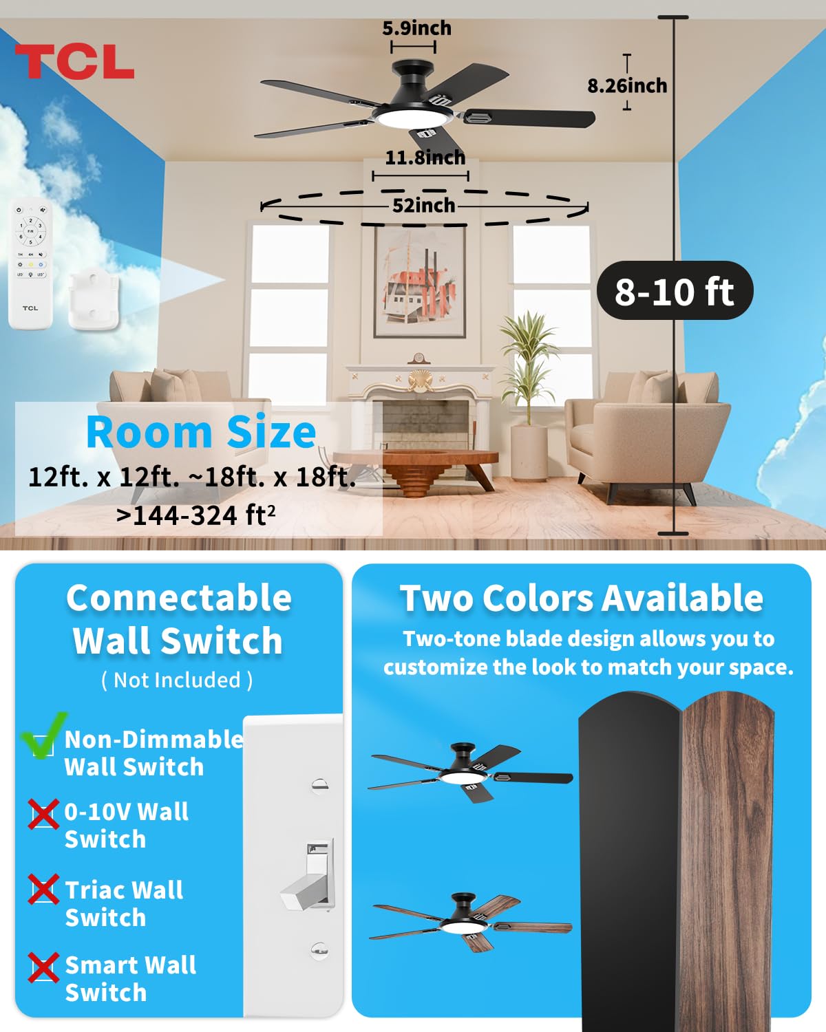 TCL 52" Low Profile Ceiling Fan with Light, Matte Black Flush Mount, Quiet DC Reversible Motor, 6-Speed Remote, Dimmable 3CCT LED