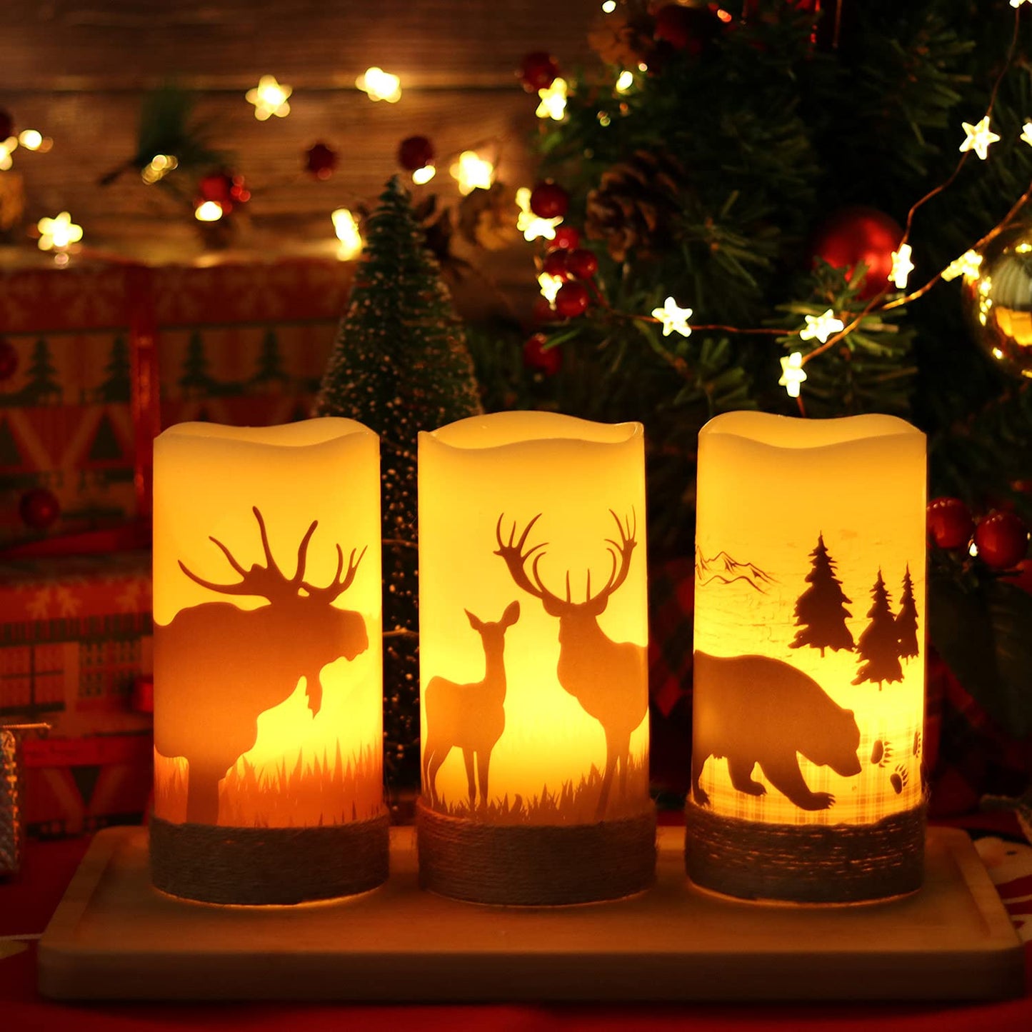 GenSwin Set of 3 Flameless LED Rustic Pillar Candles with Deer, Moose & Bear Decals, 6H Timer, Hemp Rope, Battery Operated, Warm Light