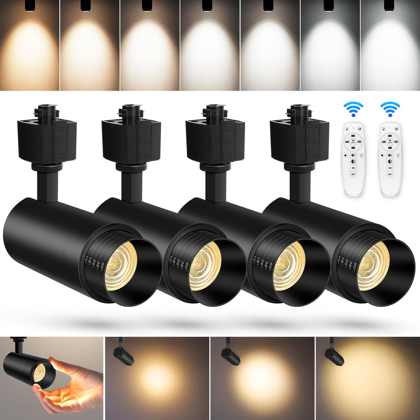 2025 Upgraded 10-Color Zoomable 12W LED Track Lights, Dimmable H-Track Spotlight 15°-60°, CRI90, 1200lm, Remote, 4-Pack Black