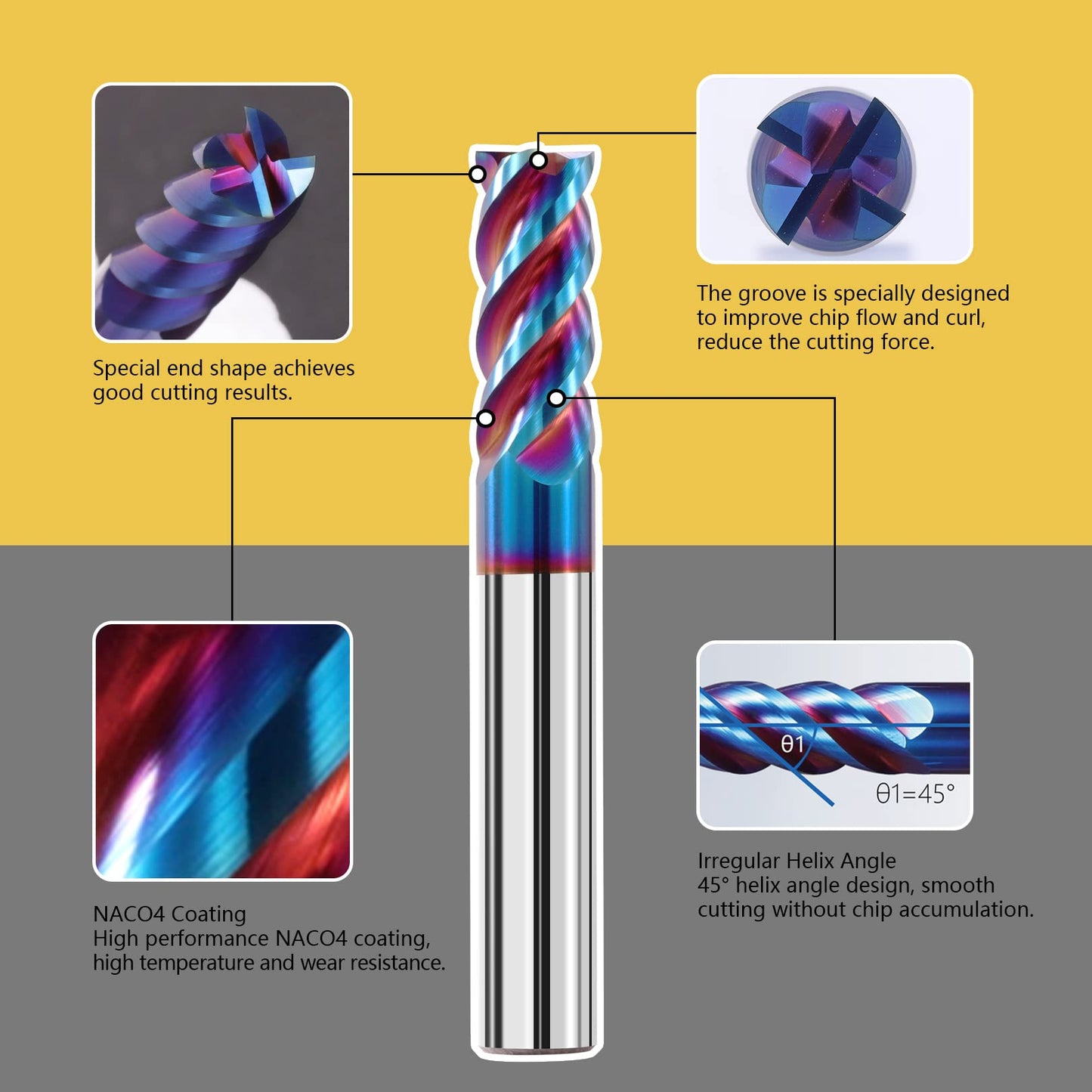 AYCHOLIZ 5PCS 1/8" Solid Carbide Square Nose End Mills Set, 4-Flute CNC Milling Bits for Stainless & Hardened Steel 65HRC