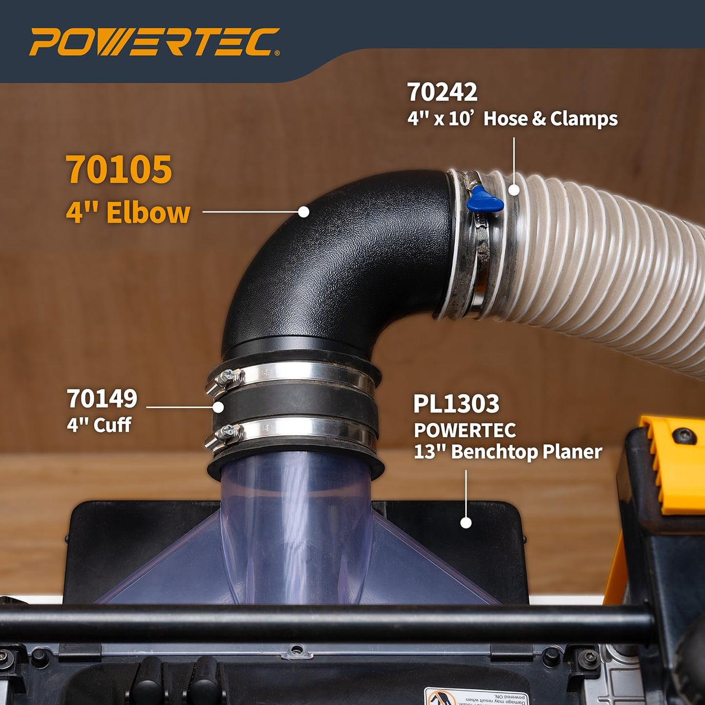 POWERTEC 70105 4" Elbow Dust Hose Connector, Black, 4", 90 Degree Elbow