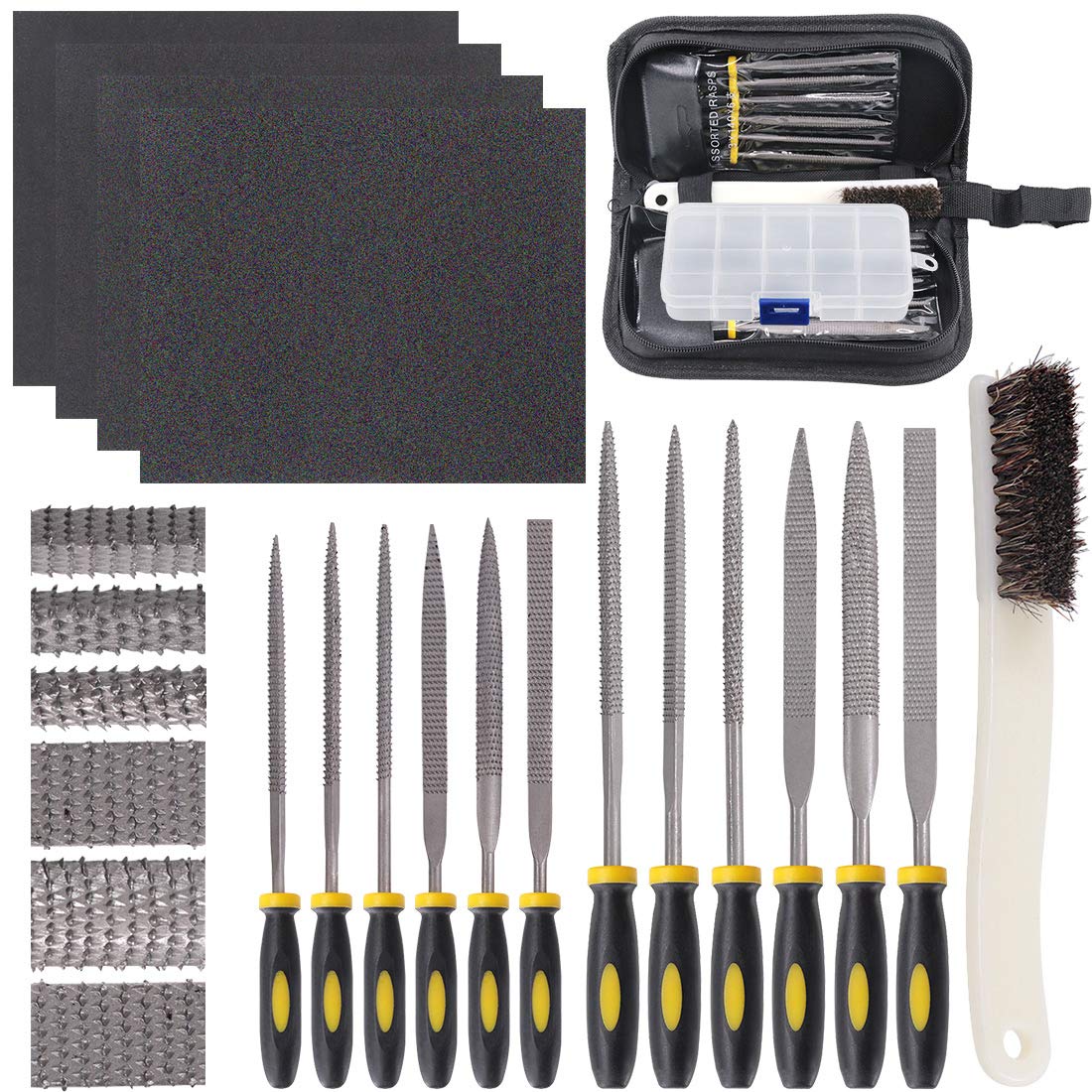 GLARKS 12pcs Mini Assorted Wood Rasp Set Include Brush and Storage Box with 4pcs Sandpaper for Fixing Jewelers Diamond Wood Carving Craft