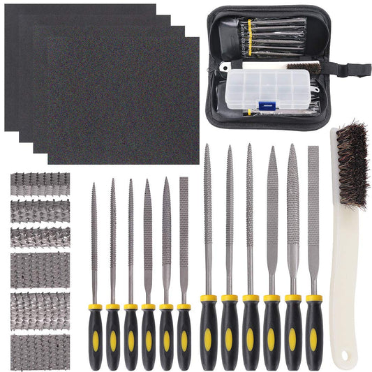 GLARKS 12pcs Mini Assorted Wood Rasp Set Include Brush and Storage Box with 4pcs Sandpaper for Fixing Jewelers Diamond Wood Carving Craft