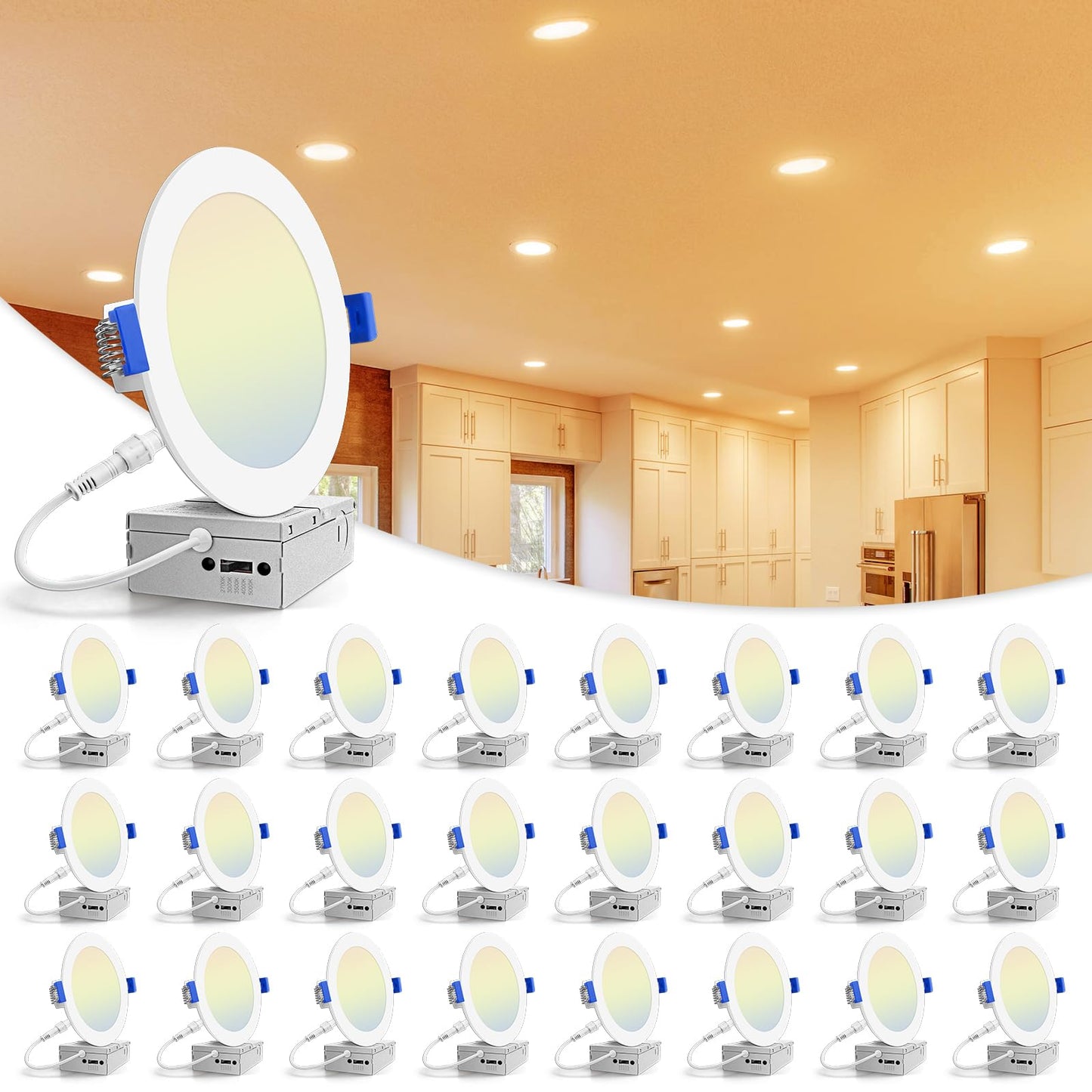 VOLISUN 24-Pack 6" LED Recessed Lights, 5CCT 2700K-5000K Dimmable Canless Downlight, 1080LM, 13W=120W, ETL Certified