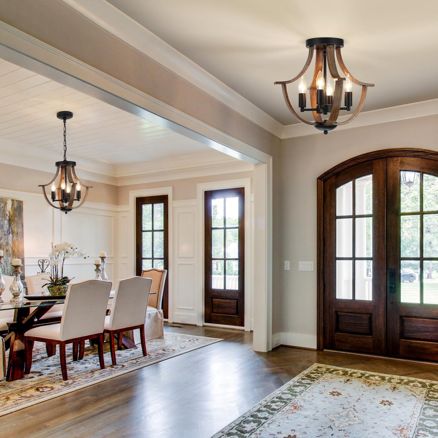 LAMPKEDUO Farmhouse Pendant Light, 4-Light Rustic Flush Mount Ceiling Fixture, Faux Wood Vintage Chandelier for Dining Room Kitchen