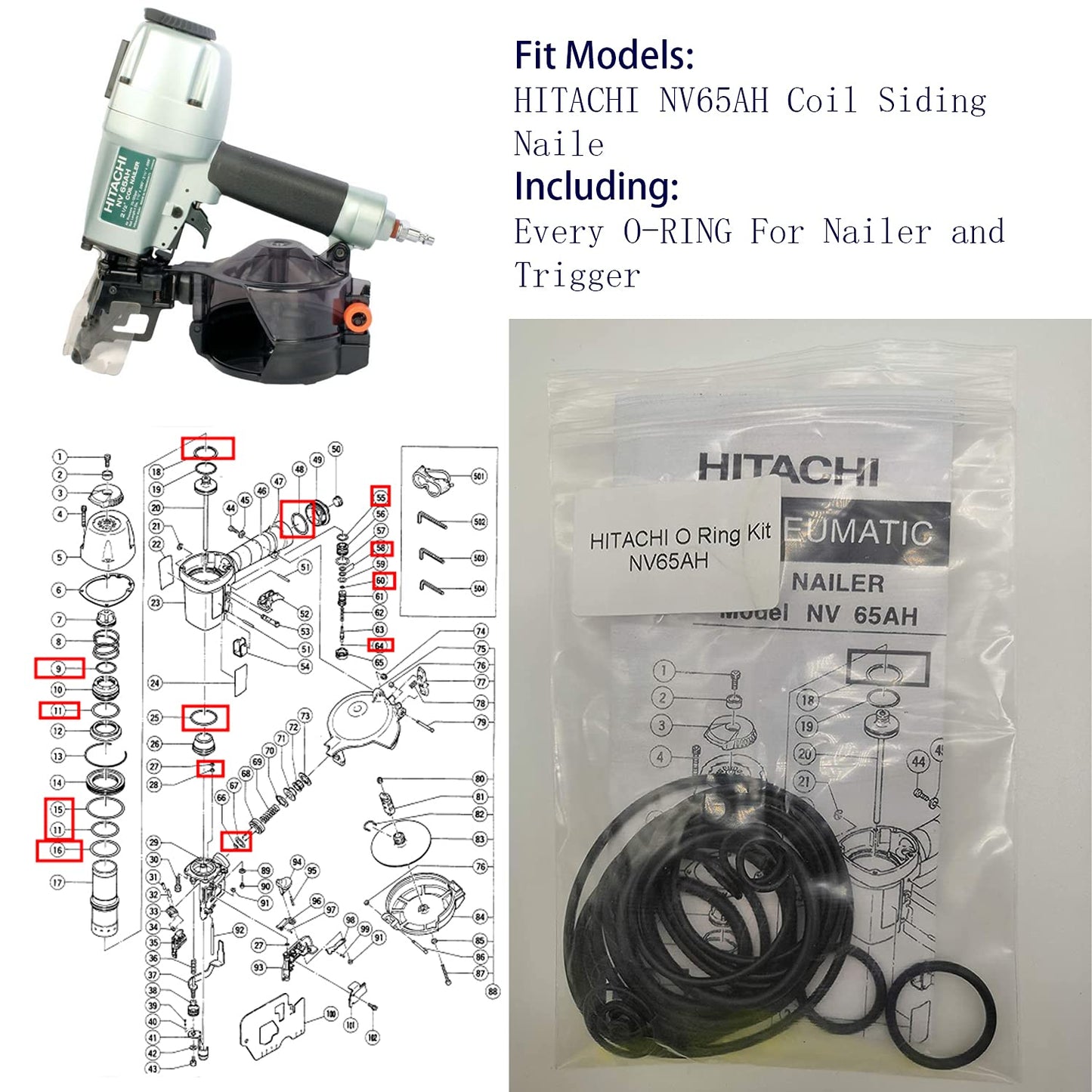 NV65AH O-Ring Kit for Hitachi 2-1/2-Inch Coil Siding Nailer with Trigger O-Rings