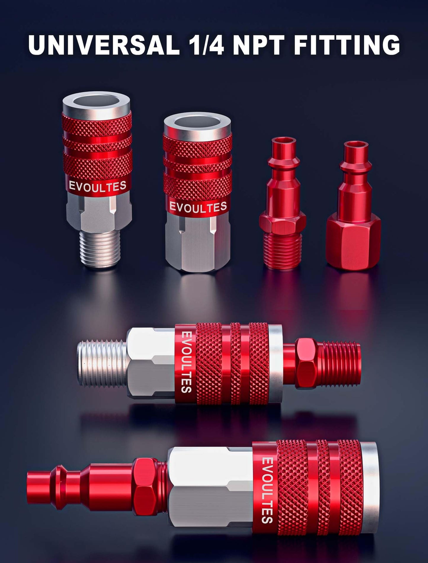 EVOULTES 16-Pc 1/4" NPT Air Hose Fittings & Quick Connect Coupler Kit, Lightweight Aluminum Pneumatic Tool Accessories