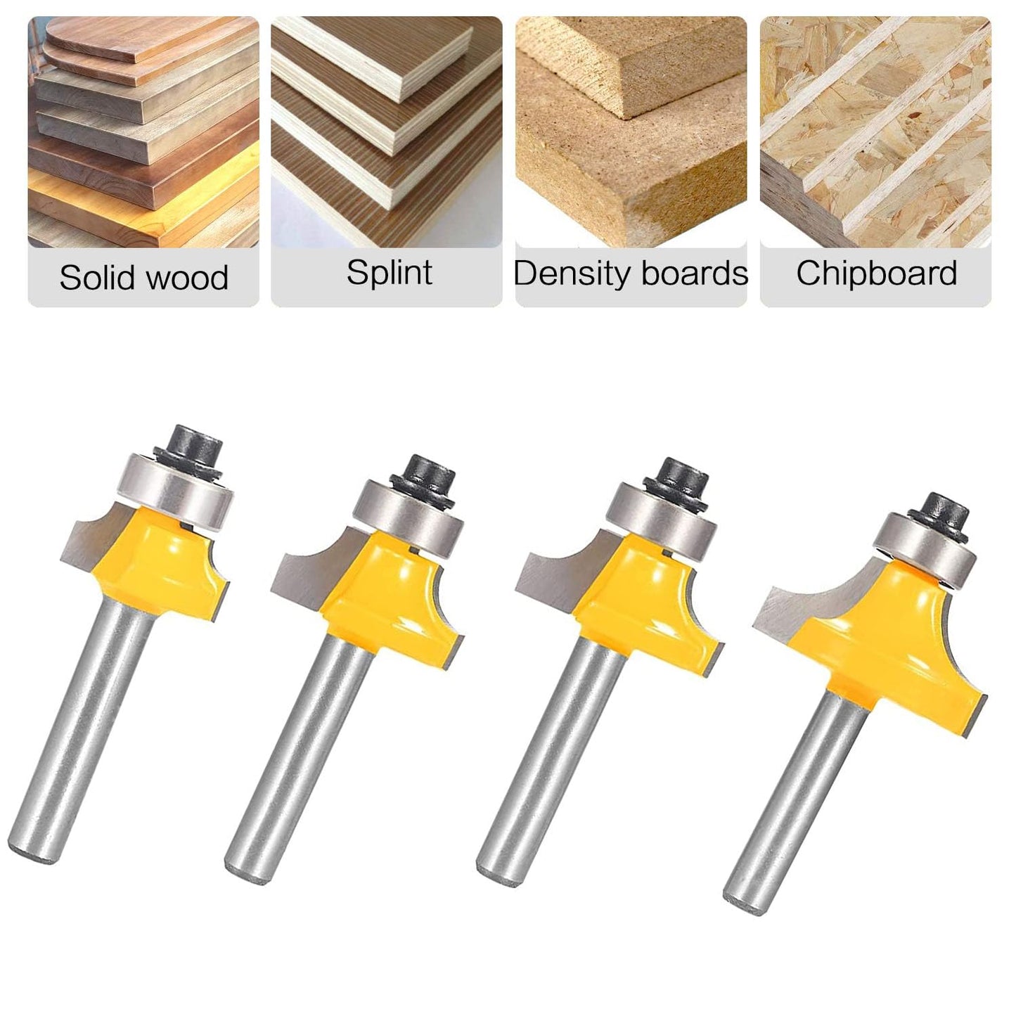 TOTOWOOD 4-Piece Roundover Router Bit Set, 1/4" Shank, 1/8"-5/16" Radius with Bearing Guide for Edge Rounding