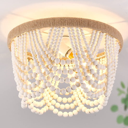 Capslpad Wood Beaded 3-Light Flush Mount Ceiling Light, Rustic Antique Mini Chandelier, White Boho Fixture for Bedroom & Hallway