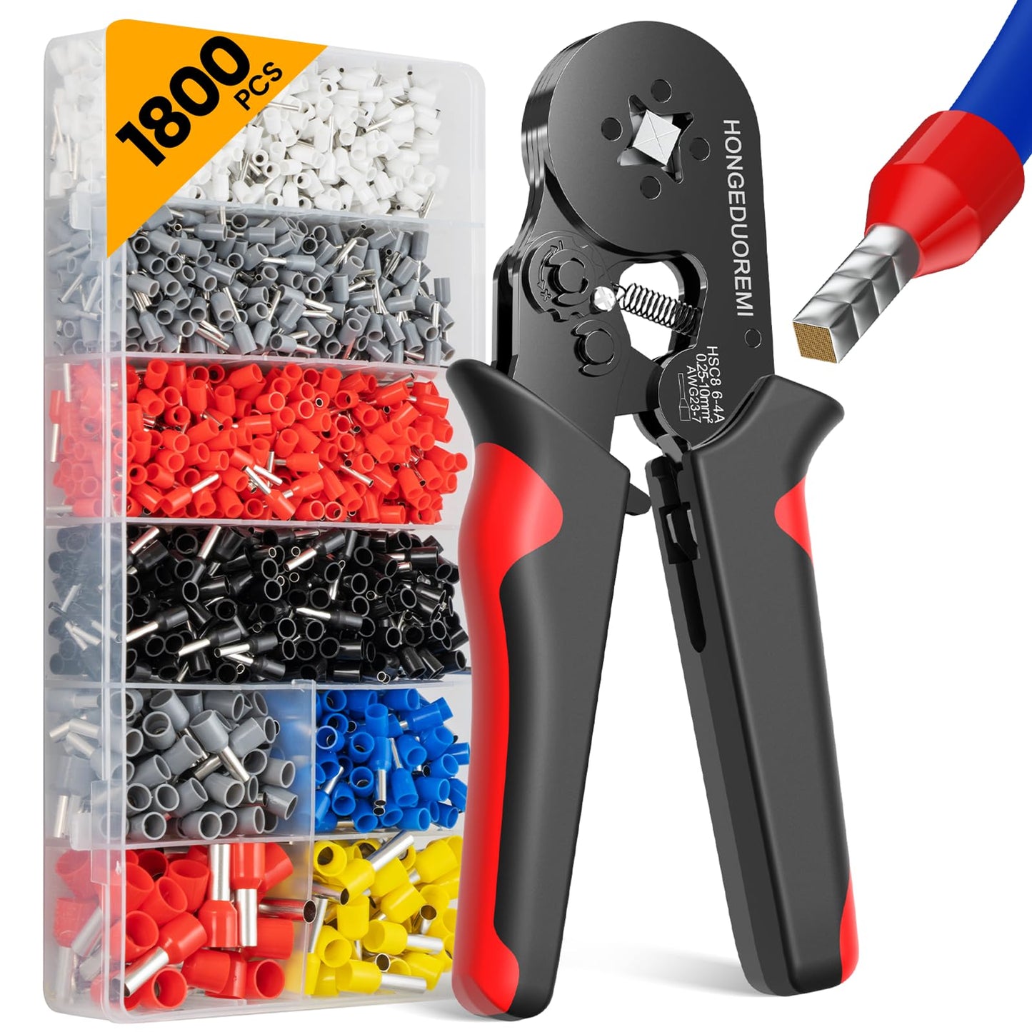 Ferrule Crimping Tool Kit with 1800pcs Wire Ferrules, Self-Adjusting 4-Corner Crimper AWG 23-7, Ratchet Pliers for Electrical, Car, Audio & DIY