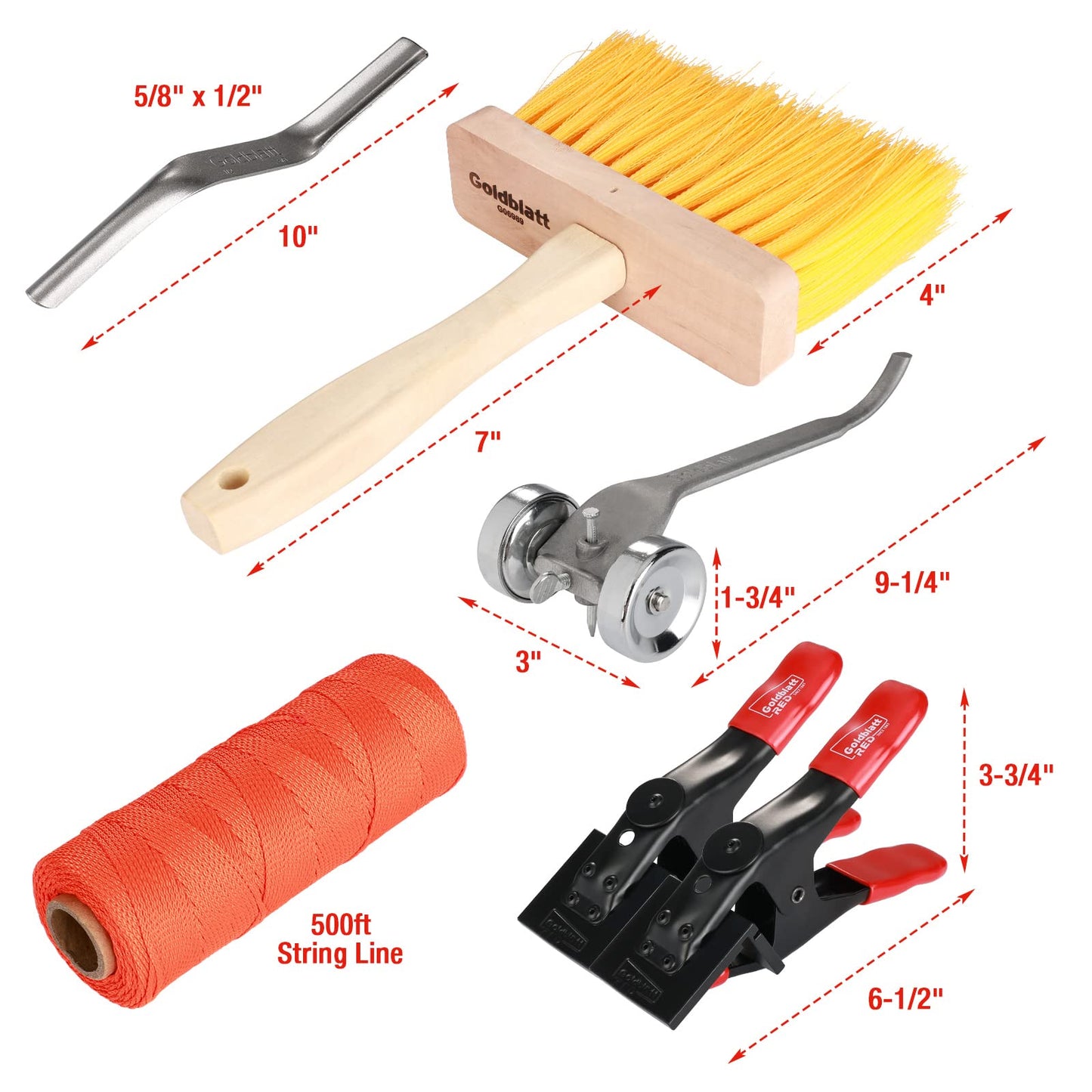 Goldblatt 12PC Masonry Hand Tool Set with Tool Bag – Trowels, Brick Jointer, Raker, String Line, Jag-Clamp & Masonry Brush