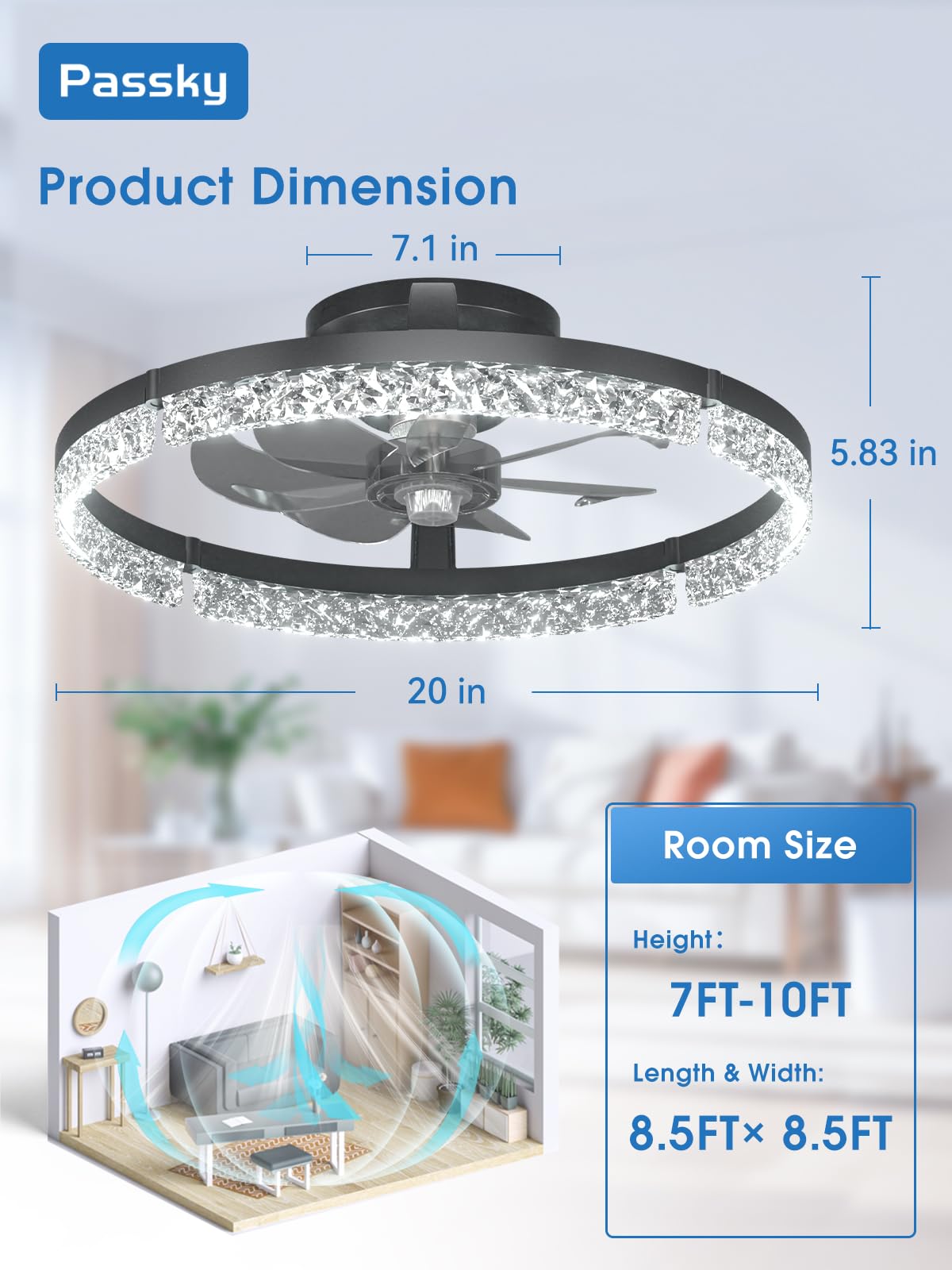 **Passky 19.7” Low Profile Ceiling Fan with Light & Remote, Dimmable LED Flush Mount, 6 Speeds, 3000K–6000K, Black Modern**