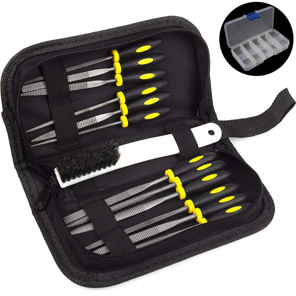 ADVcer 12-Pc Wood Rasp & Needle File Set with Bristle Brush, Hand Strap Case – Assorted Flat, Round, Half-Round, Square, Triangle Files