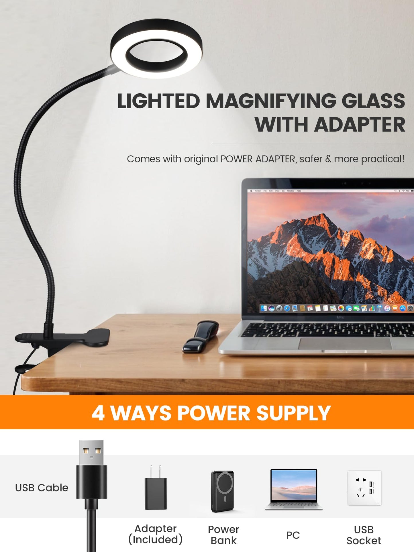 ReinHoo 10X LED Magnifying Glass with 5 Colors & 10 Brightness, 58 LED 750 Lumen Clip-On Lamp for Reading, Desk, Bed, Nail Work