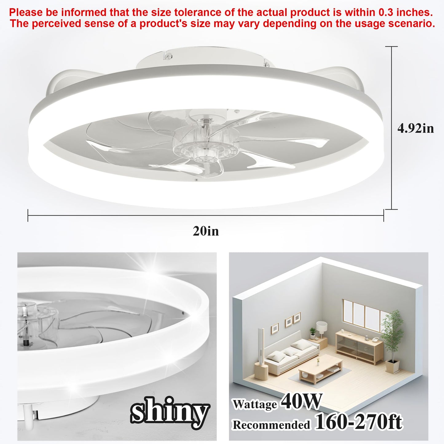 20" White Ceiling Fan with Light & Remote, Flush Mount Fandelier for Bedroom, 6 Speeds, Stepless Color Temperature, Modern Design