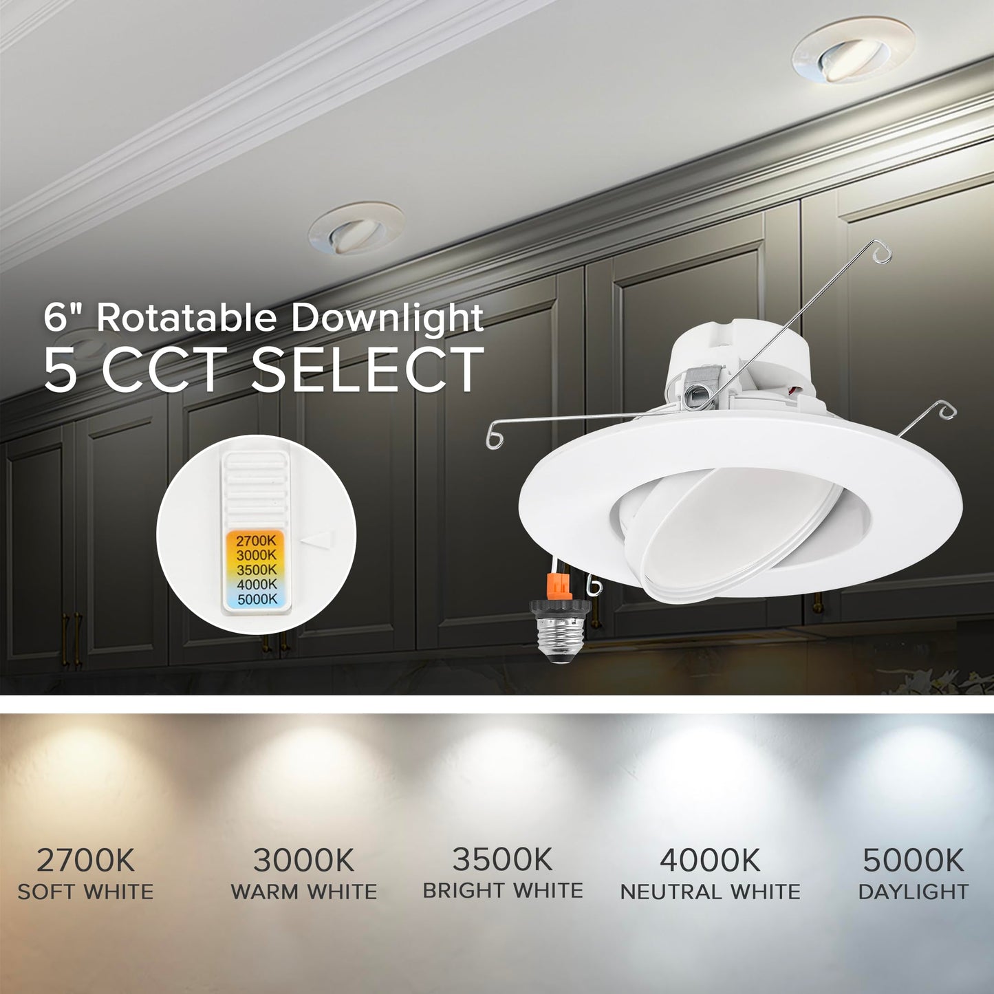 **Maxxima 5” & 6” Rotatable LED Gimbal Retrofit Downlight, 1100 Lumens, 11W, 5 CCT Selectable, Dimmable, White Trim**