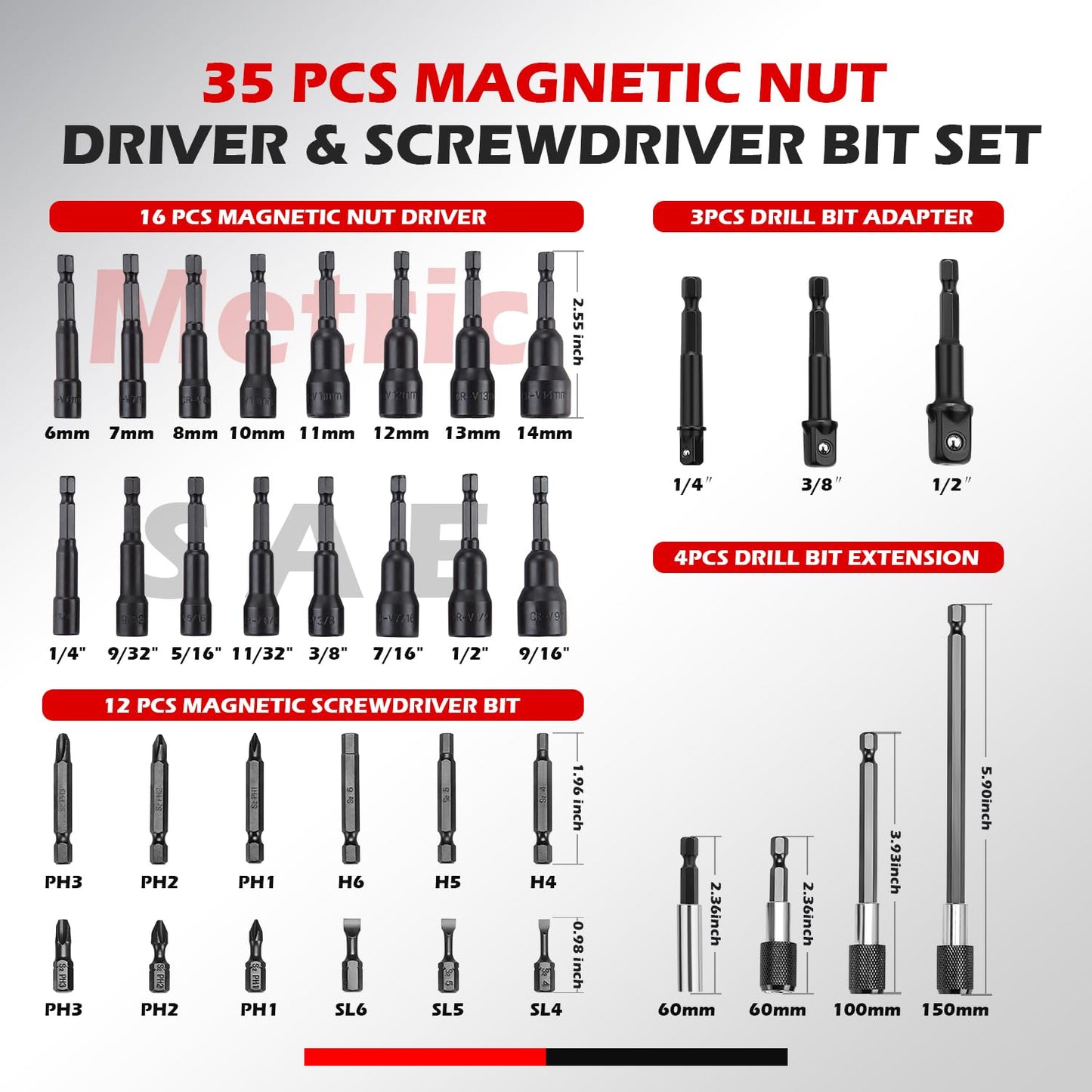 AKM TOOL 35PCS Magnetic Nut Driver Set for Impact Drill, 1/4″ Quick-Change Hex Shank, SAE & Metric Cr-V Steel with Extension & Adapter