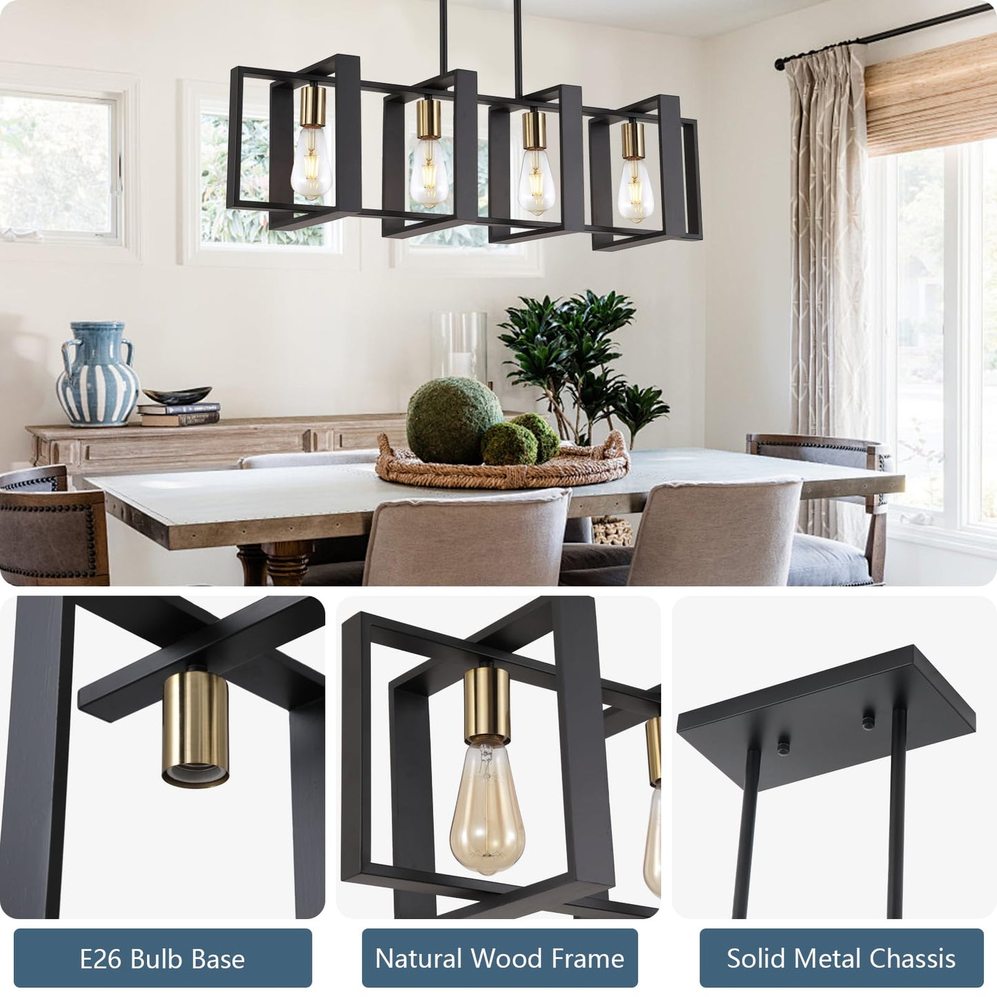 35.4" Kitchen Island Lighting Fixture, Dining Room 4 Lights Chandeliers, Black Wood+Metal Pendant Light for Foyer Hallway Living Room