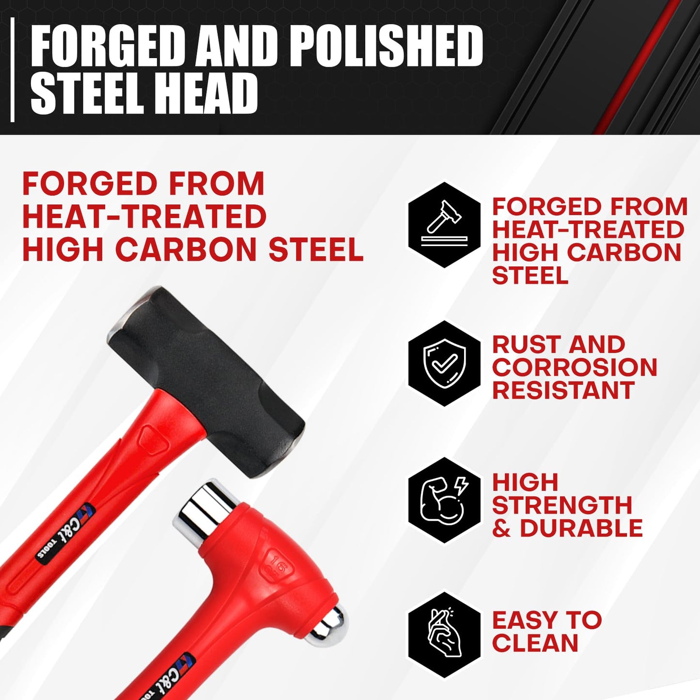 C&T 5-Piece Hammer & Mallet Set – 16oz & 32oz Ball Peen, 32oz Rubber Mallet, 3lb Sledge & Cross Peen, Fiberglass Handles