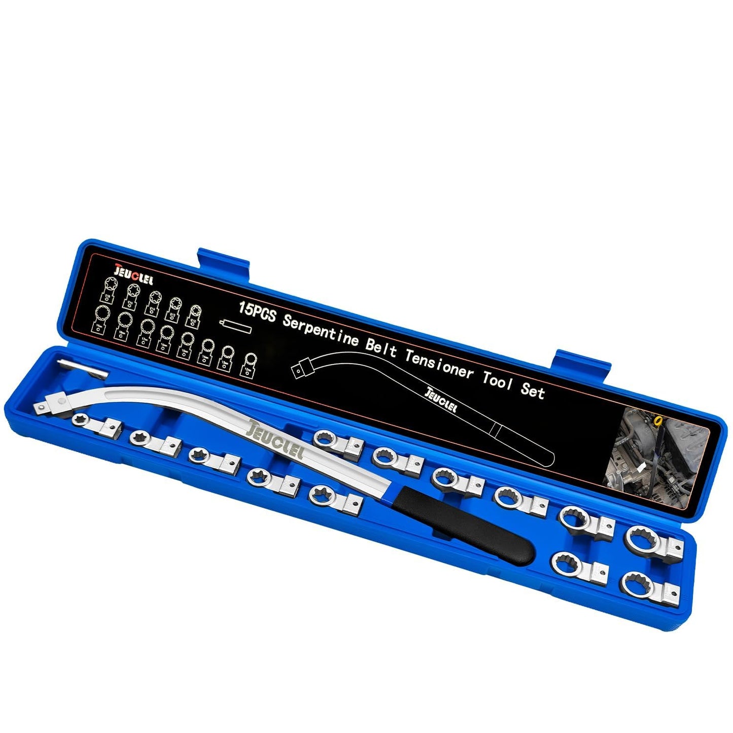 15PCS Universal Serpentine Belt Tensioner Pulley Removal Tool Kit, 12-Point 12-19mm Wrench Set for Engine Timing & Belt Nuts